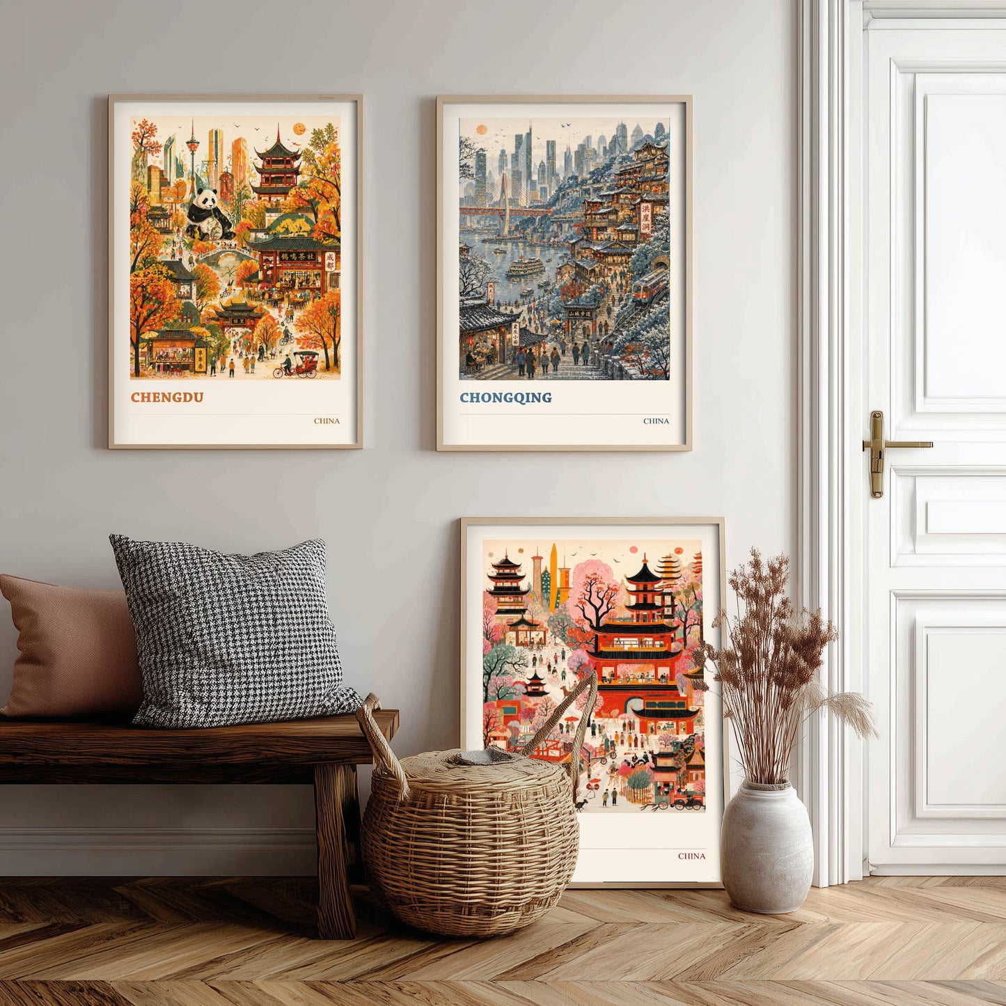 China Set of Three Prints | Chengdu Chongqing Beijing | Vibrant Folk Art Travel City Painting Wall Poster