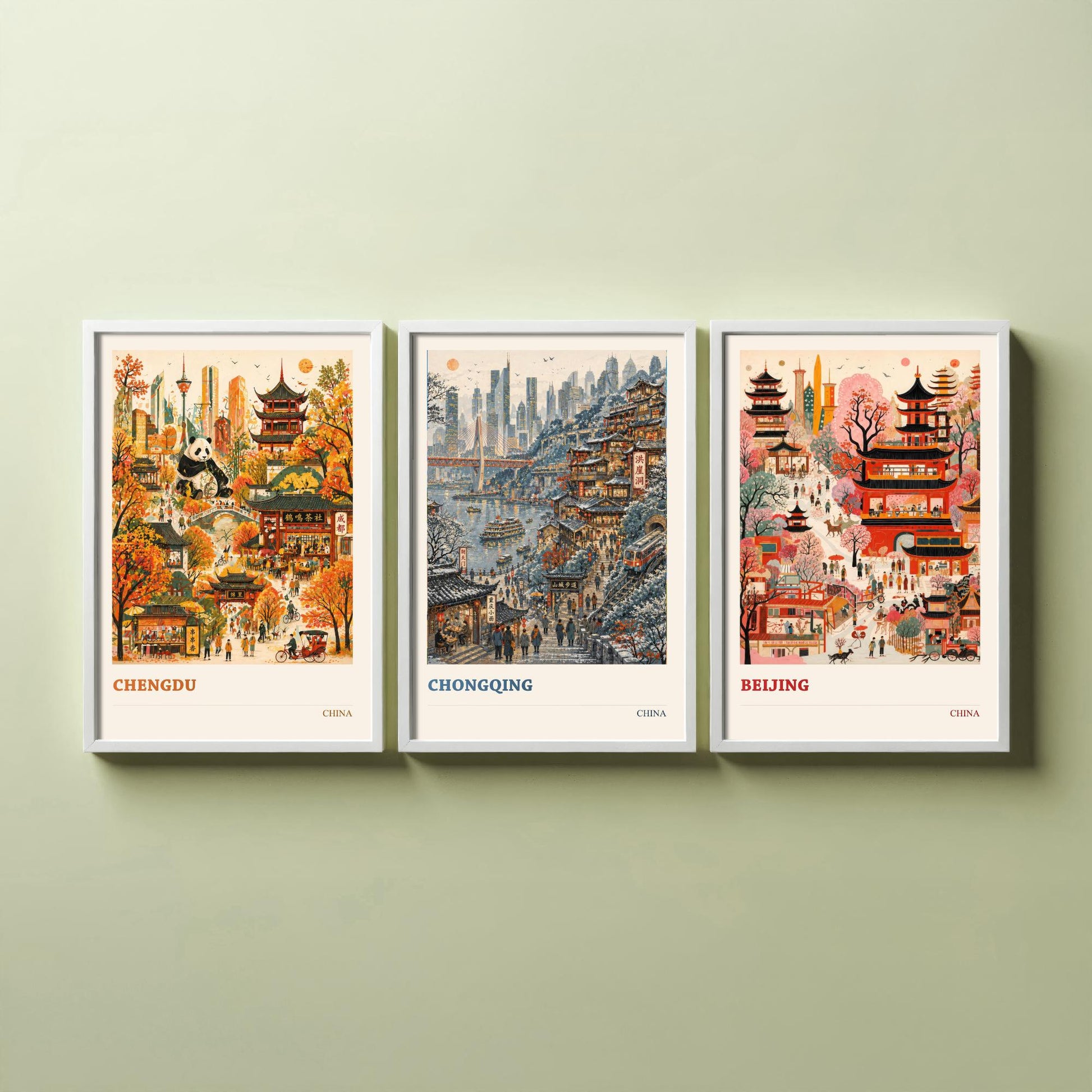 China Set of Three Prints | Chengdu Chongqing Beijing | Vibrant Folk Art Travel City Painting Wall Poster