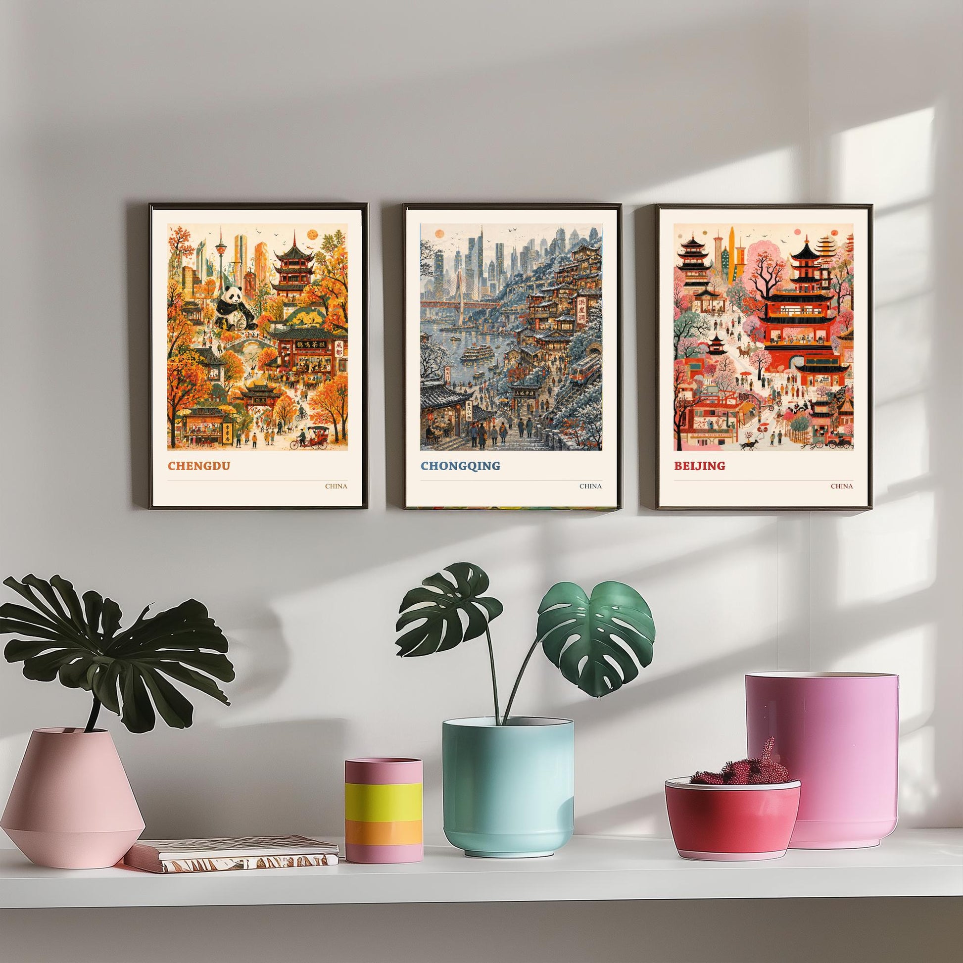 China Set of Three Prints | Chengdu Chongqing Beijing | Vibrant Folk Art Travel City Painting Wall Poster