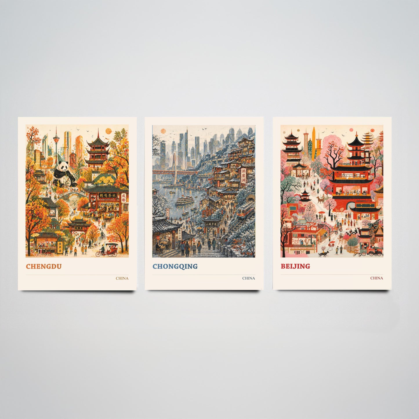 China Set of Three Prints | Chengdu Chongqing Beijing | Vibrant Folk Art Travel City Painting Wall Poster