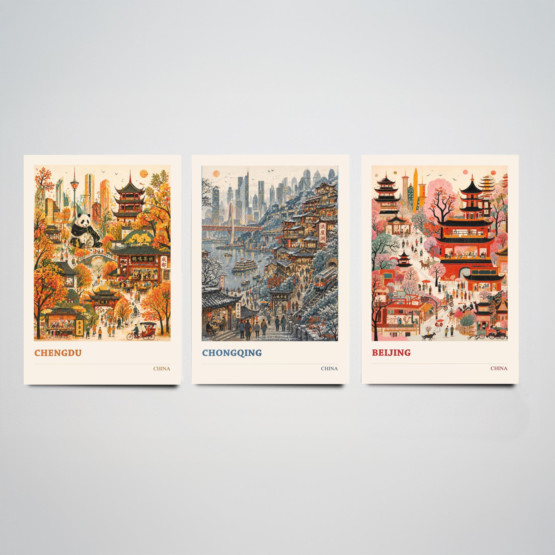 China Set of Three Prints | Chengdu Chongqing Beijing | Vibrant Folk Art Travel City Painting Wall Poster