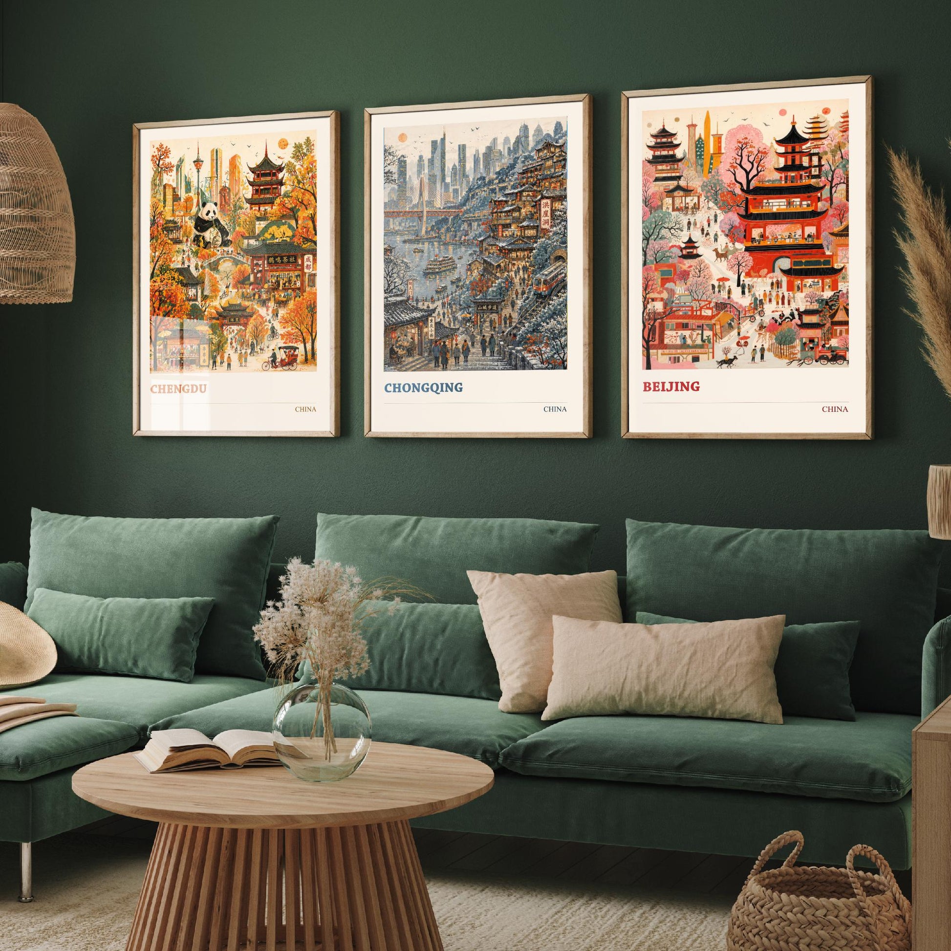 China Set of Three Prints | Chengdu Chongqing Beijing | Vibrant Folk Art Travel City Painting Wall Poster
