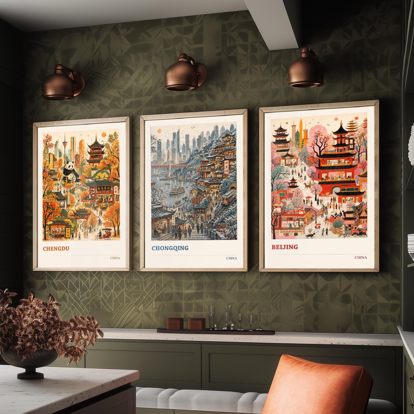 China Set of Three Prints | Chengdu Chongqing Beijing | Vibrant Folk Art Travel City Painting Wall Poster