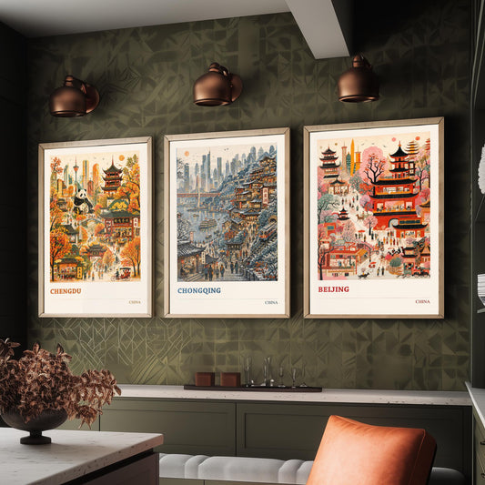 China Set of Three Prints | Chengdu Chongqing Beijing | Vibrant Folk Art Travel City Painting Wall Poster