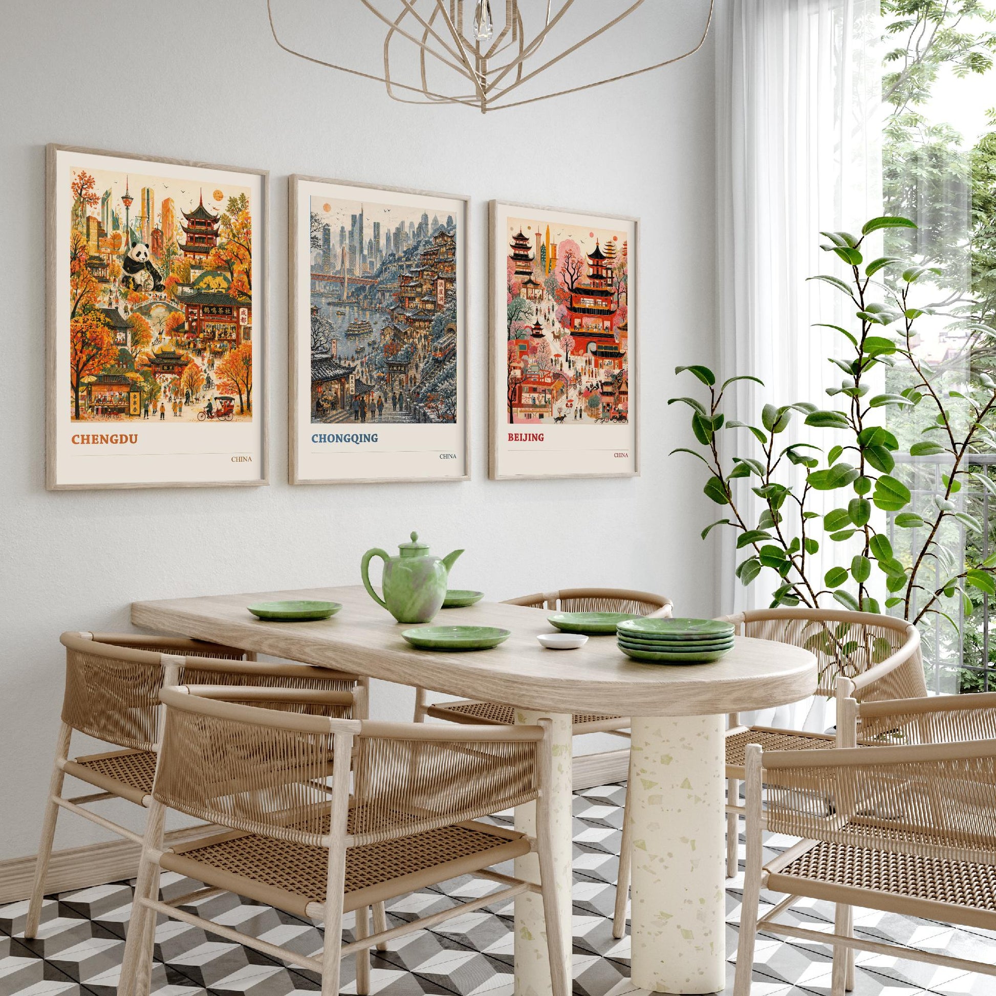 China Set of Three Prints | Chengdu Chongqing Beijing | Vibrant Folk Art Travel City Painting Wall Poster