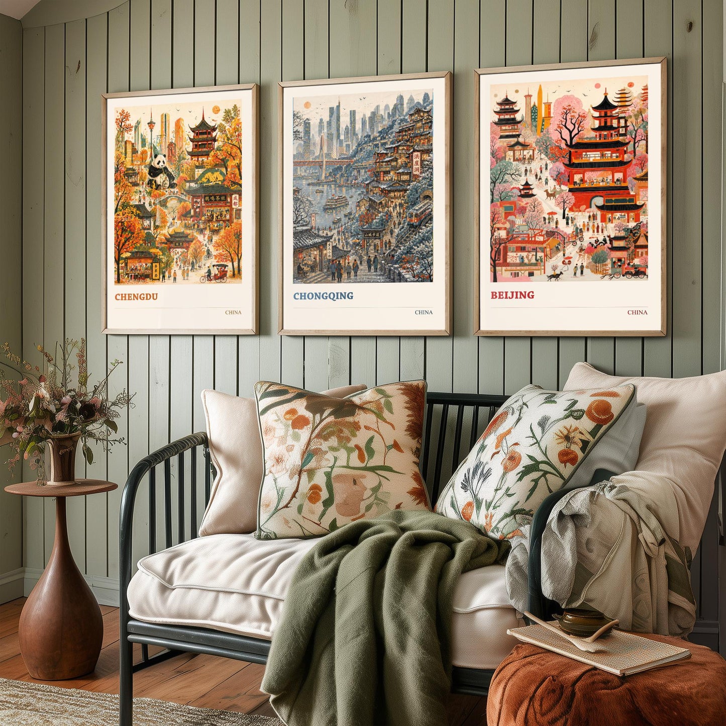China Set of Three Prints | Chengdu Chongqing Beijing | Vibrant Folk Art Travel City Painting Wall Poster