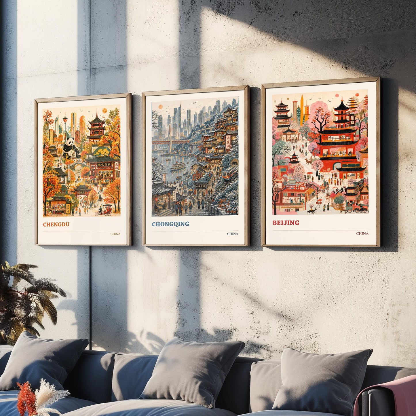 China Set of Three Prints | Chengdu Chongqing Beijing | Vibrant Folk Art Travel City Painting Wall Poster