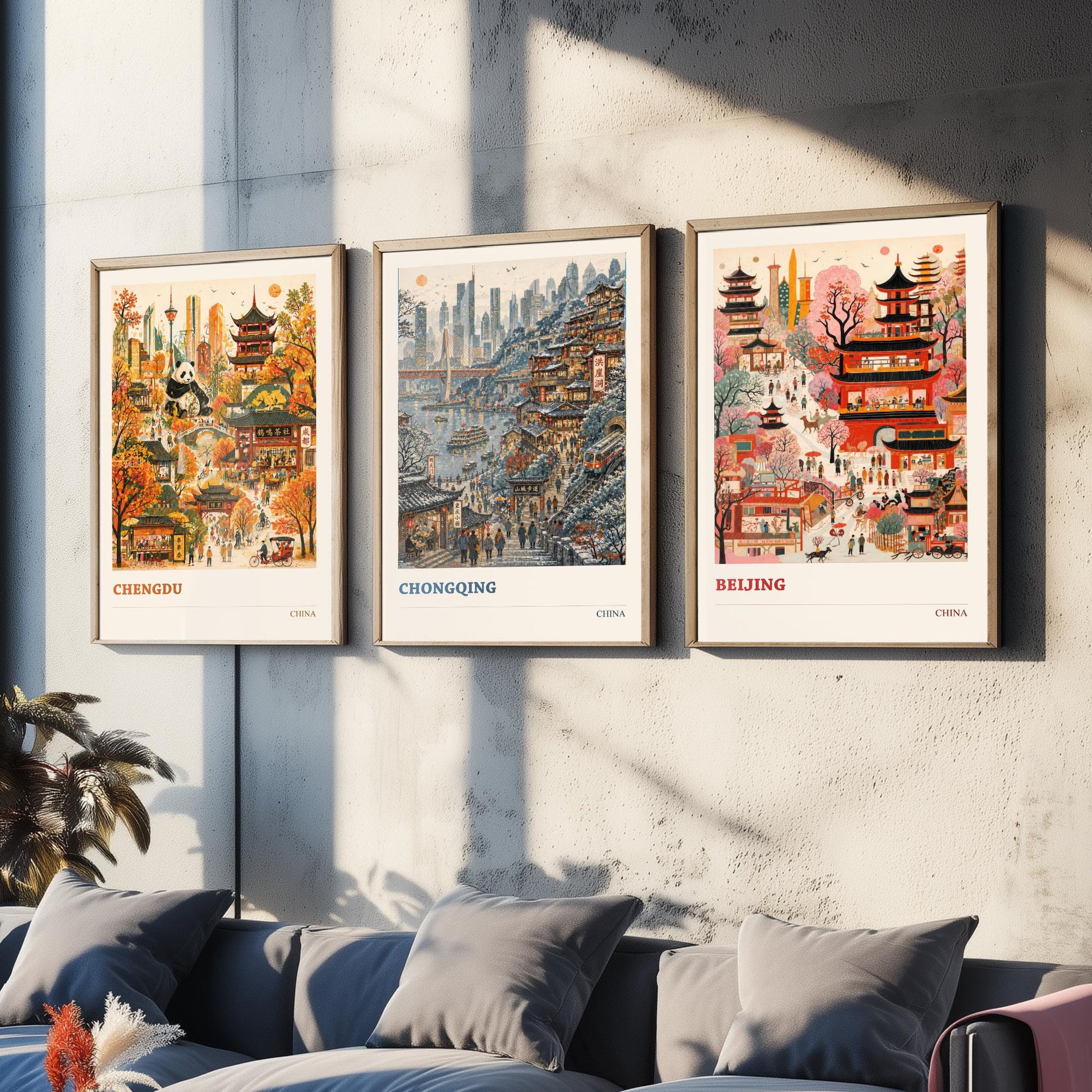 China Set of Three Prints | Chengdu Chongqing Beijing | Vibrant Folk Art Travel City Painting Wall Poster