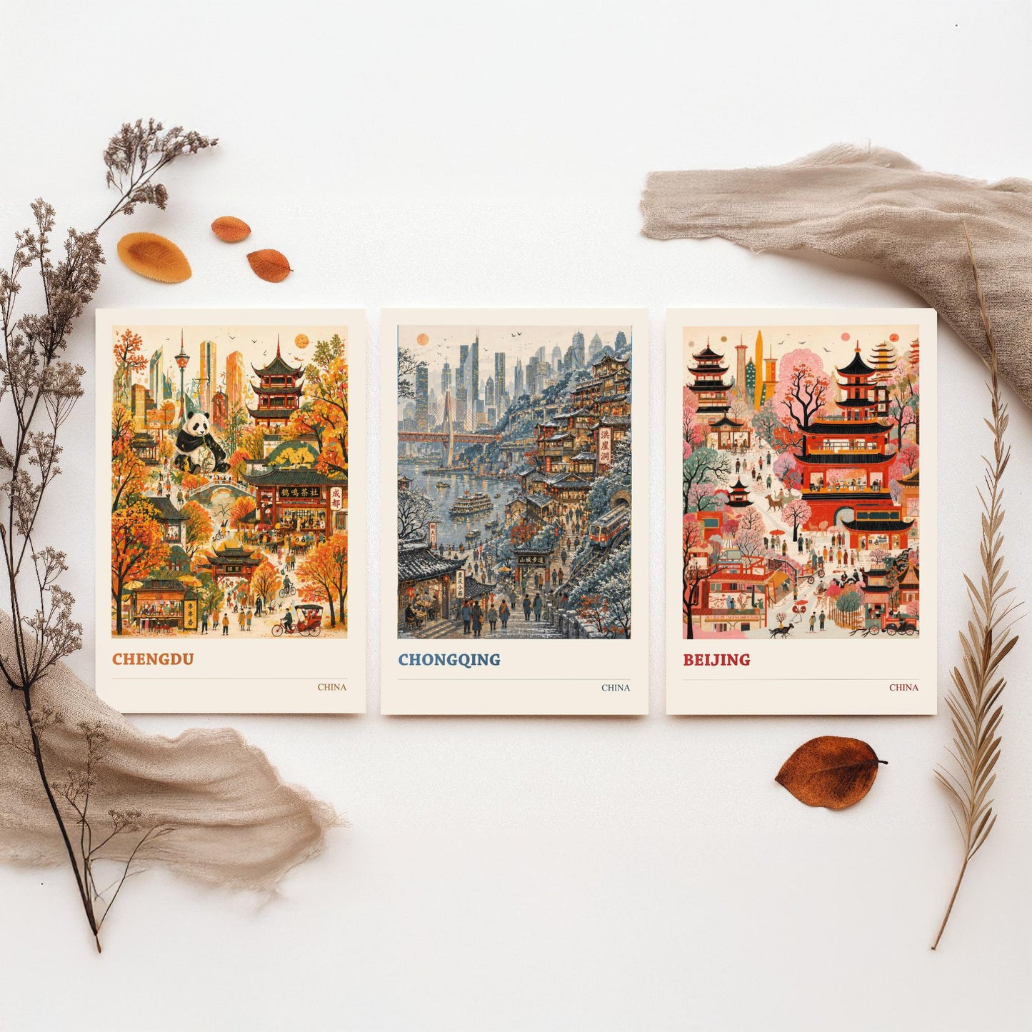 China Set of Three Prints | Chengdu Chongqing Beijing | Vibrant Folk Art Travel City Painting Wall Poster
