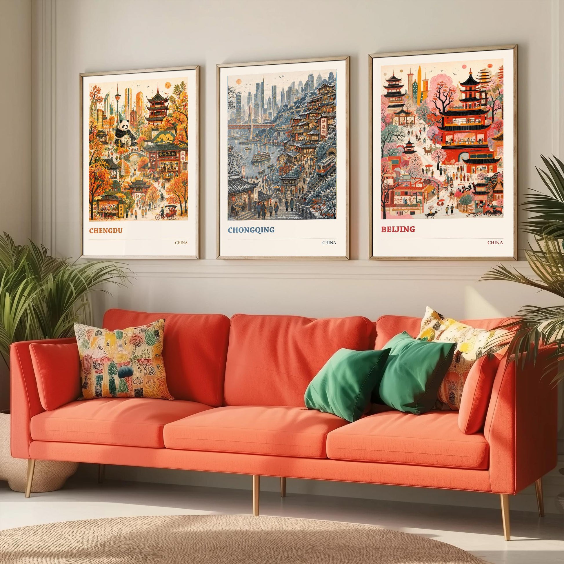 China Set of Three Prints | Chengdu Chongqing Beijing | Vibrant Folk Art Travel City Painting Wall Poster