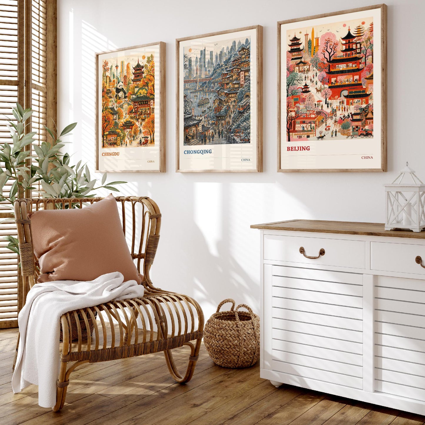 China Set of Three Prints | Chengdu Chongqing Beijing | Vibrant Folk Art Travel City Painting Wall Poster