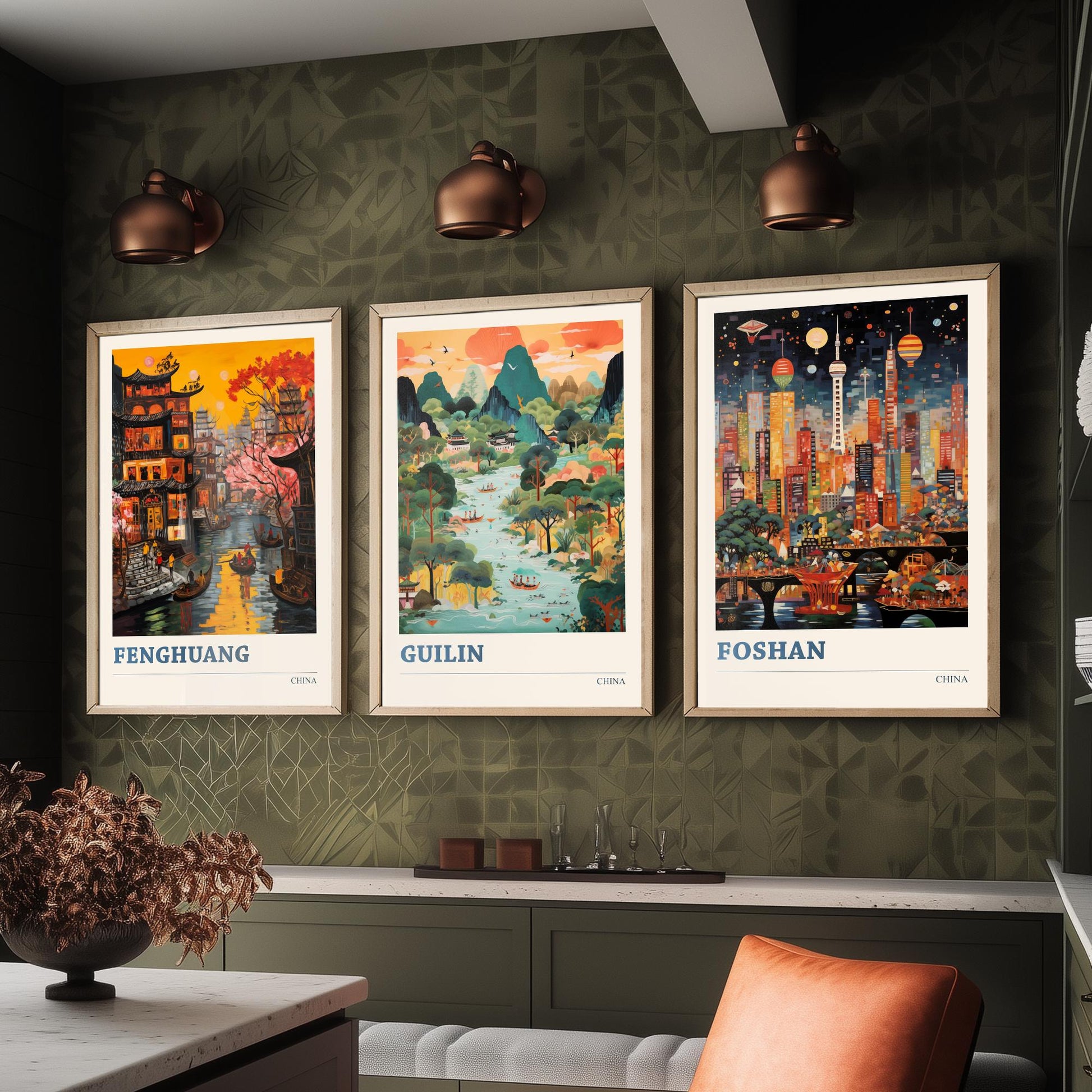 China Set of Three Prints | Fenghuang Guilin Foshan | Vibrant Folk Art Travel Landscape Painting Wall Poster