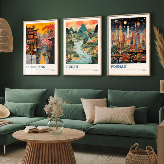 China Set of Three Prints | Fenghuang Guilin Foshan | Vibrant Folk Art Travel Landscape Painting Wall Poster