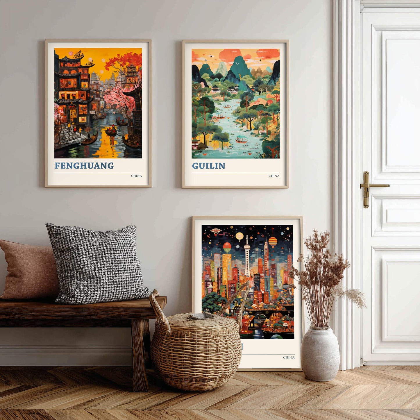 China Set of Three Prints | Fenghuang Guilin Foshan | Vibrant Folk Art Travel Landscape Painting Wall Poster