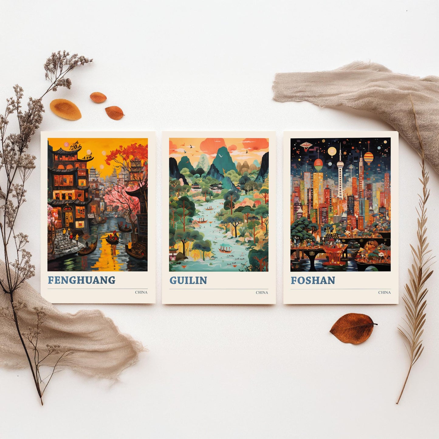 China Set of Three Prints | Fenghuang Guilin Foshan | Vibrant Folk Art Travel Landscape Painting Wall Poster