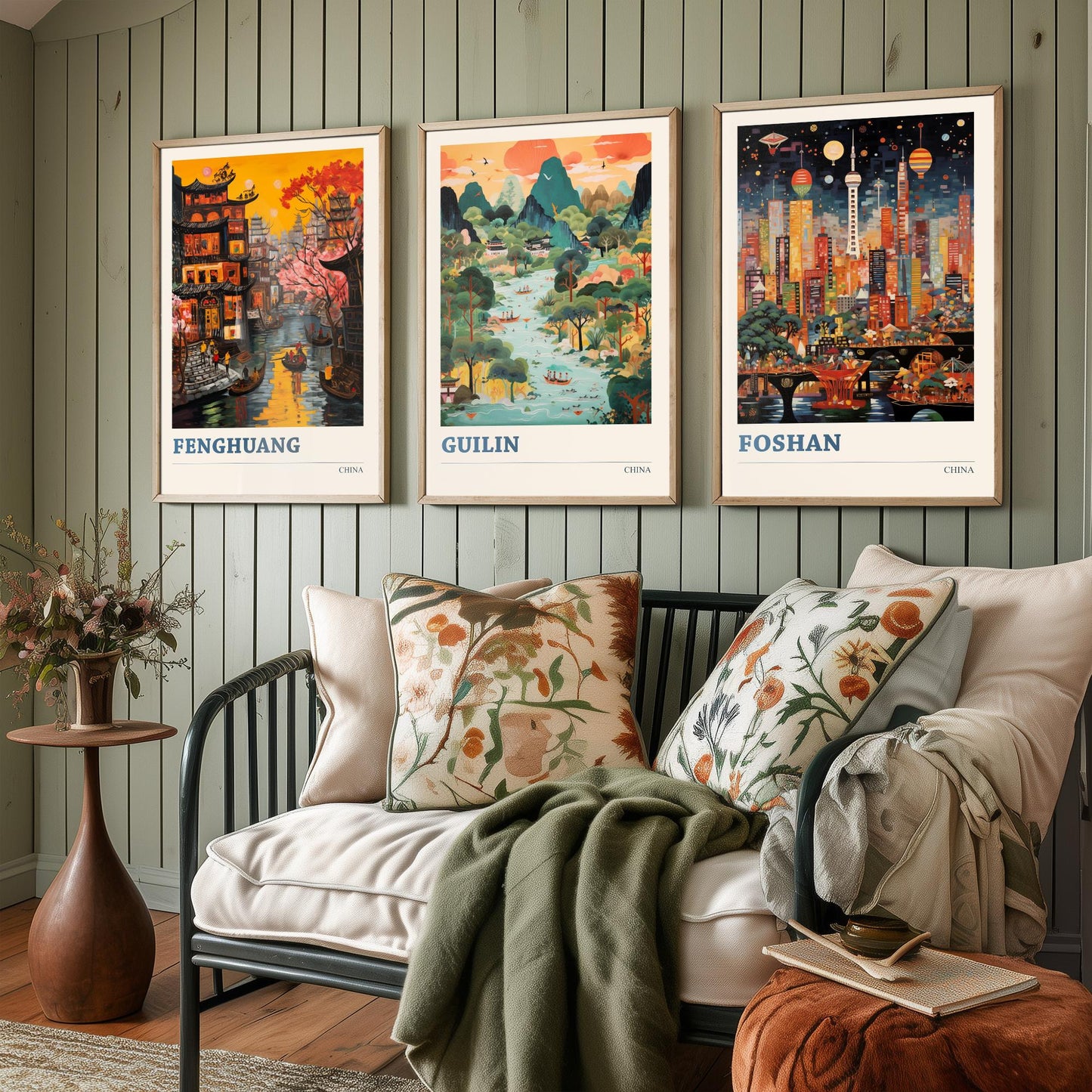 China Set of Three Prints | Fenghuang Guilin Foshan | Vibrant Folk Art Travel Landscape Painting Wall Poster
