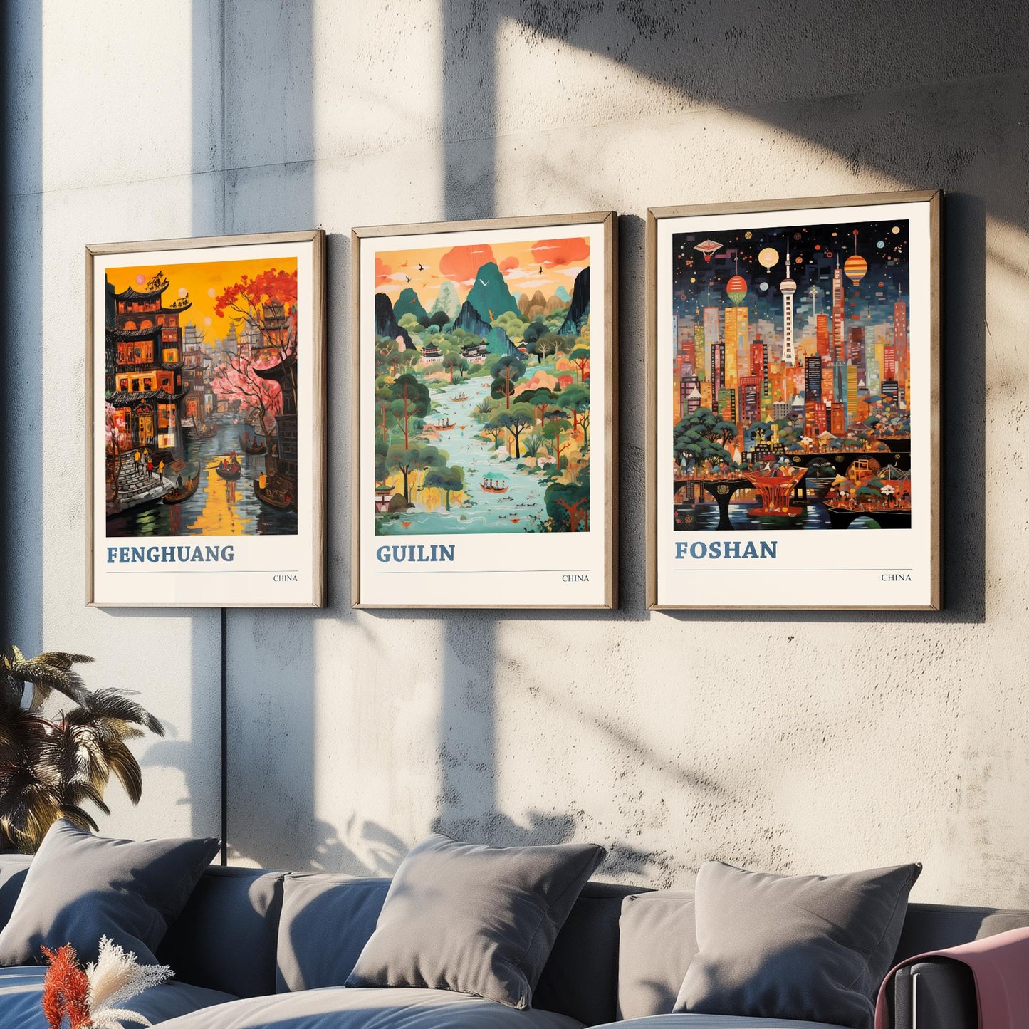 China Set of Three Prints | Fenghuang Guilin Foshan | Vibrant Folk Art Travel Landscape Painting Wall Poster