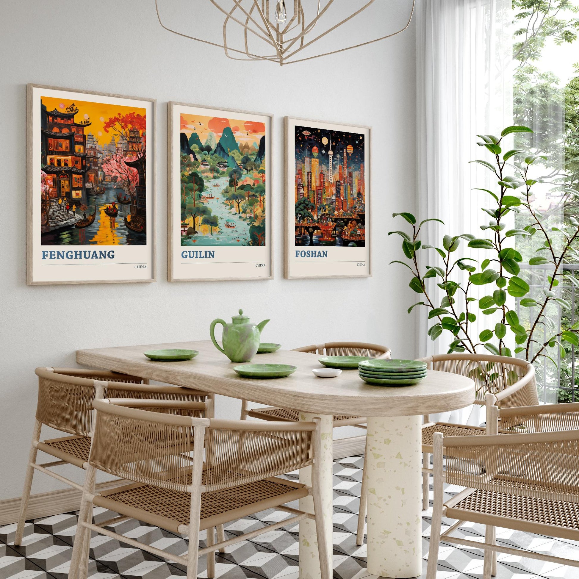 China Set of Three Prints | Fenghuang Guilin Foshan | Vibrant Folk Art Travel Landscape Painting Wall Poster