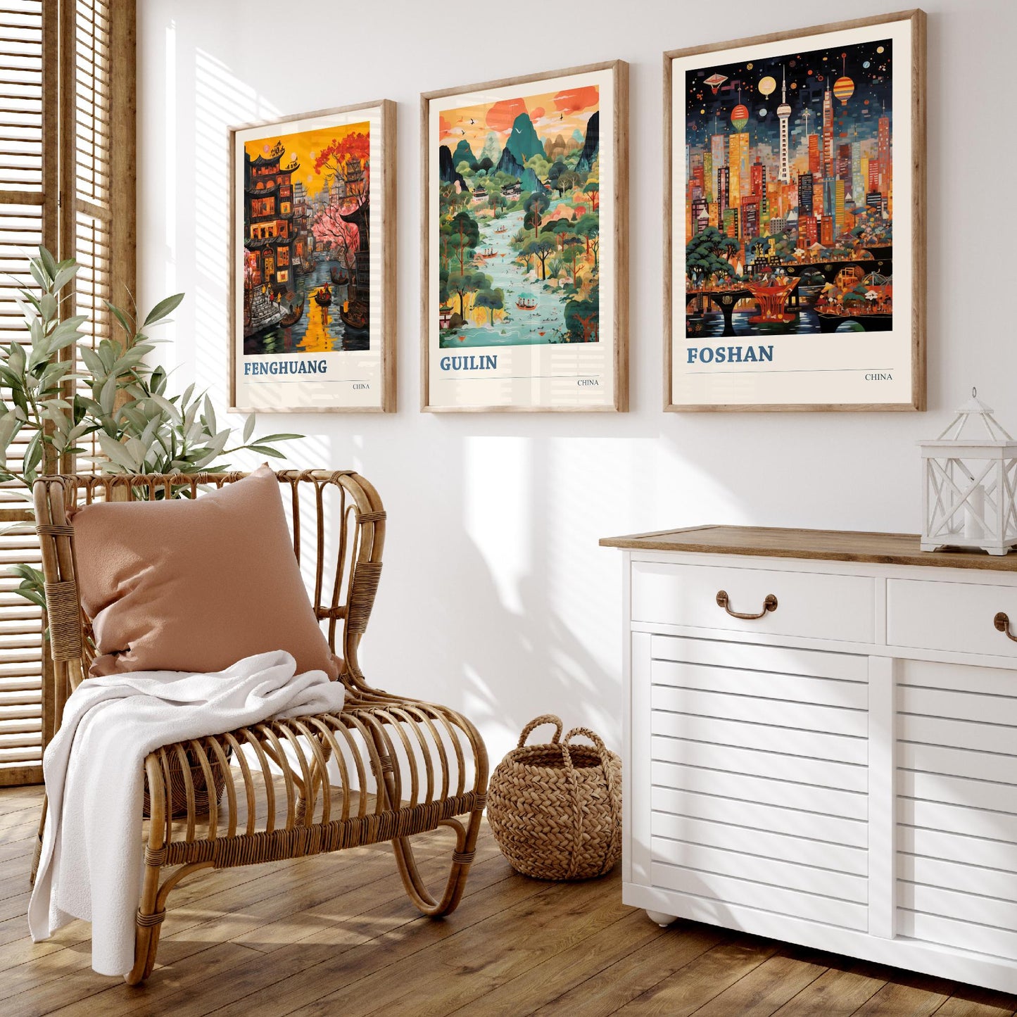 China Set of Three Prints | Fenghuang Guilin Foshan | Vibrant Folk Art Travel Landscape Painting Wall Poster