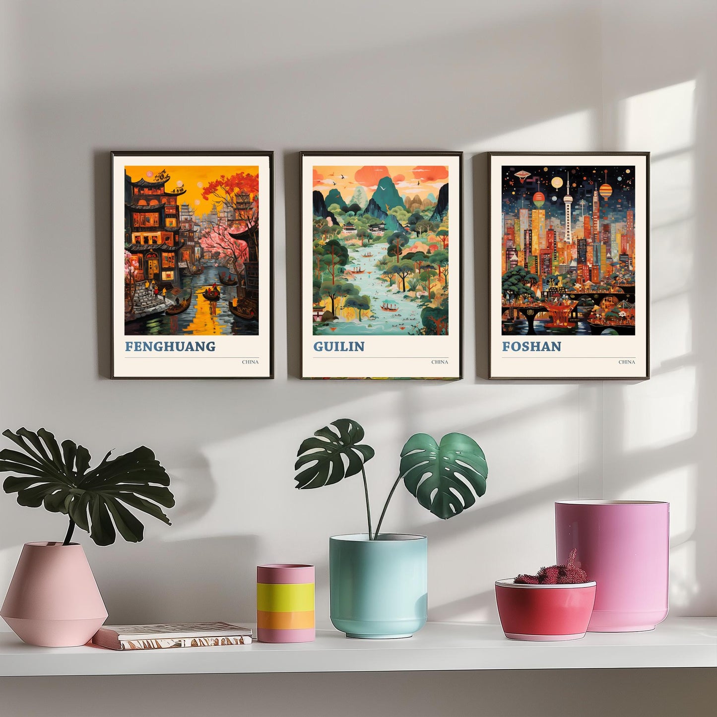 China Set of Three Prints | Fenghuang Guilin Foshan | Vibrant Folk Art Travel Landscape Painting Wall Poster