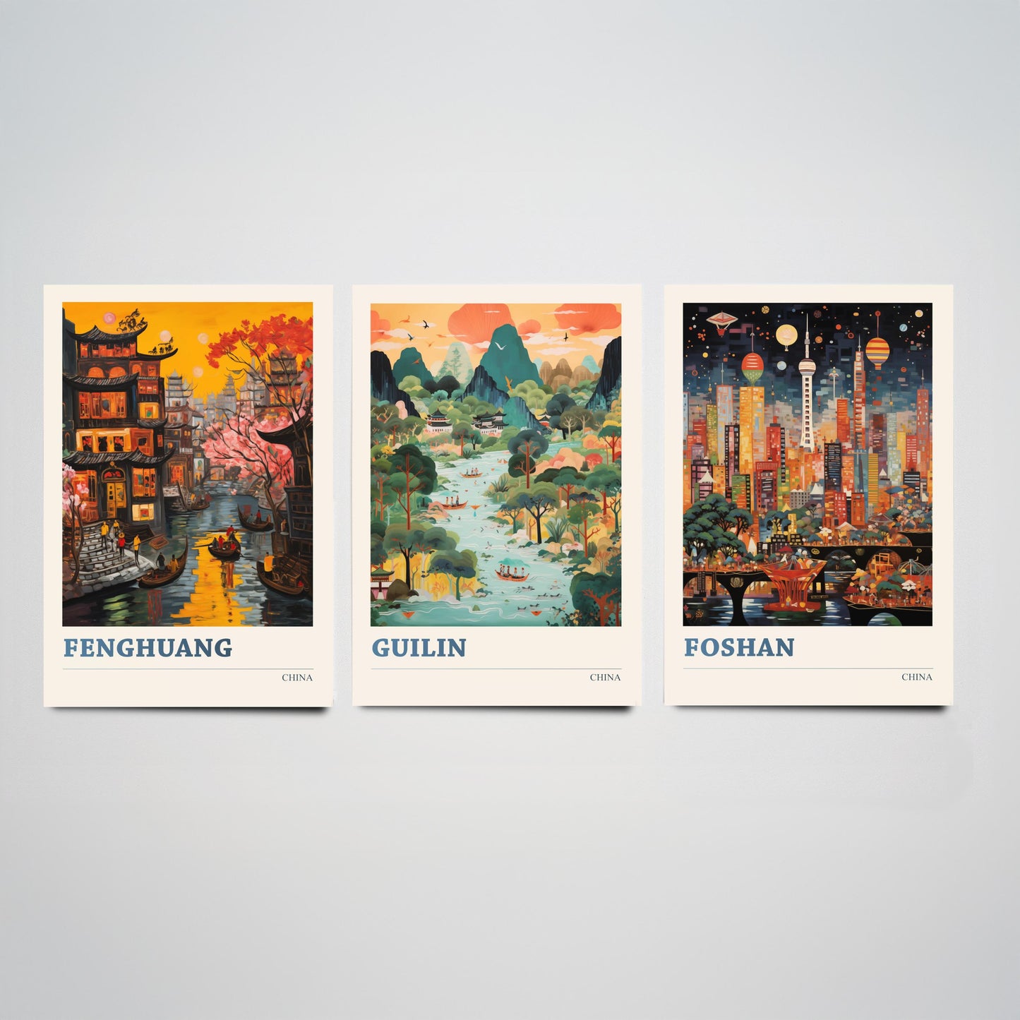 China Set of Three Prints | Fenghuang Guilin Foshan | Vibrant Folk Art Travel Landscape Painting Wall Poster