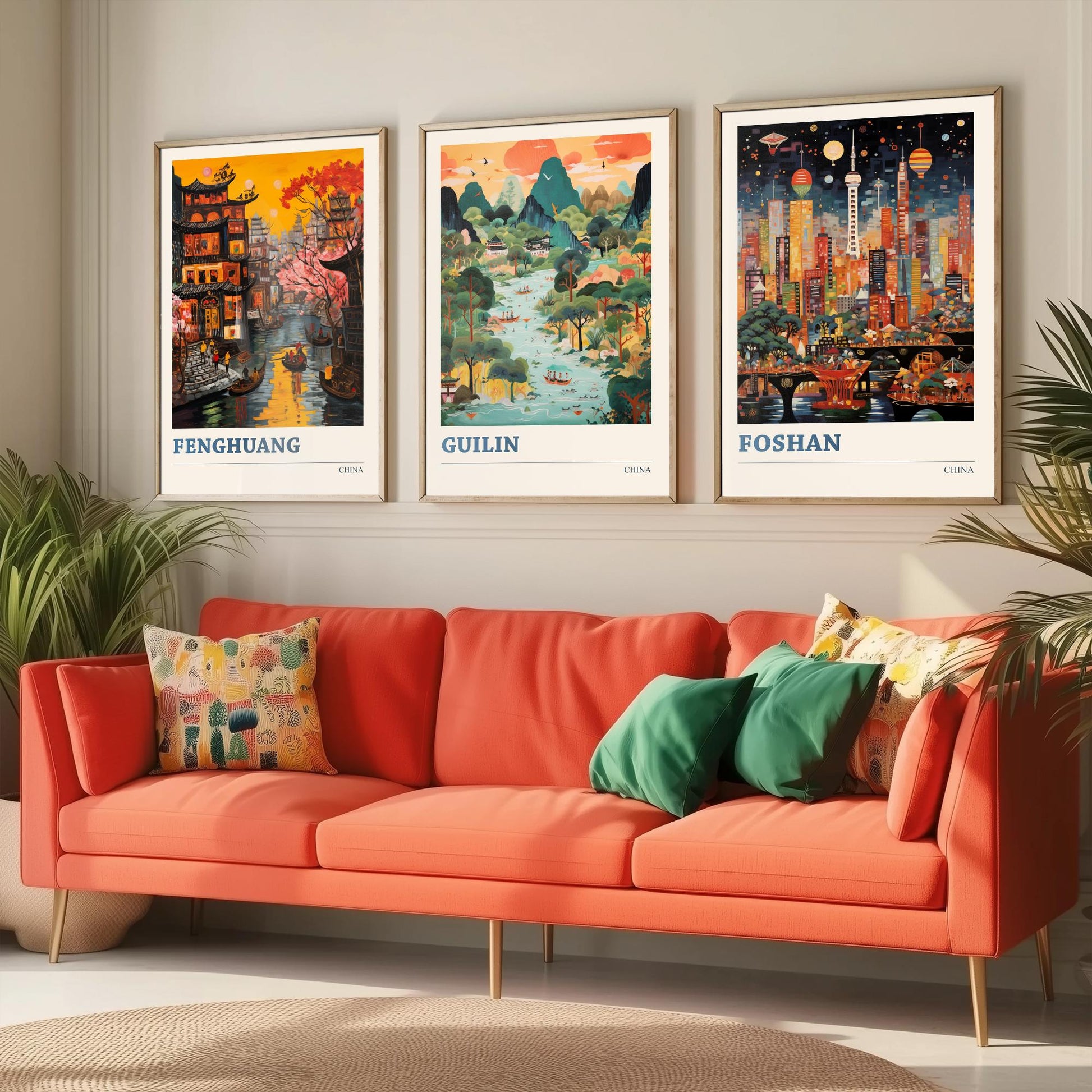 China Set of Three Prints | Fenghuang Guilin Foshan | Vibrant Folk Art Travel Landscape Painting Wall Poster