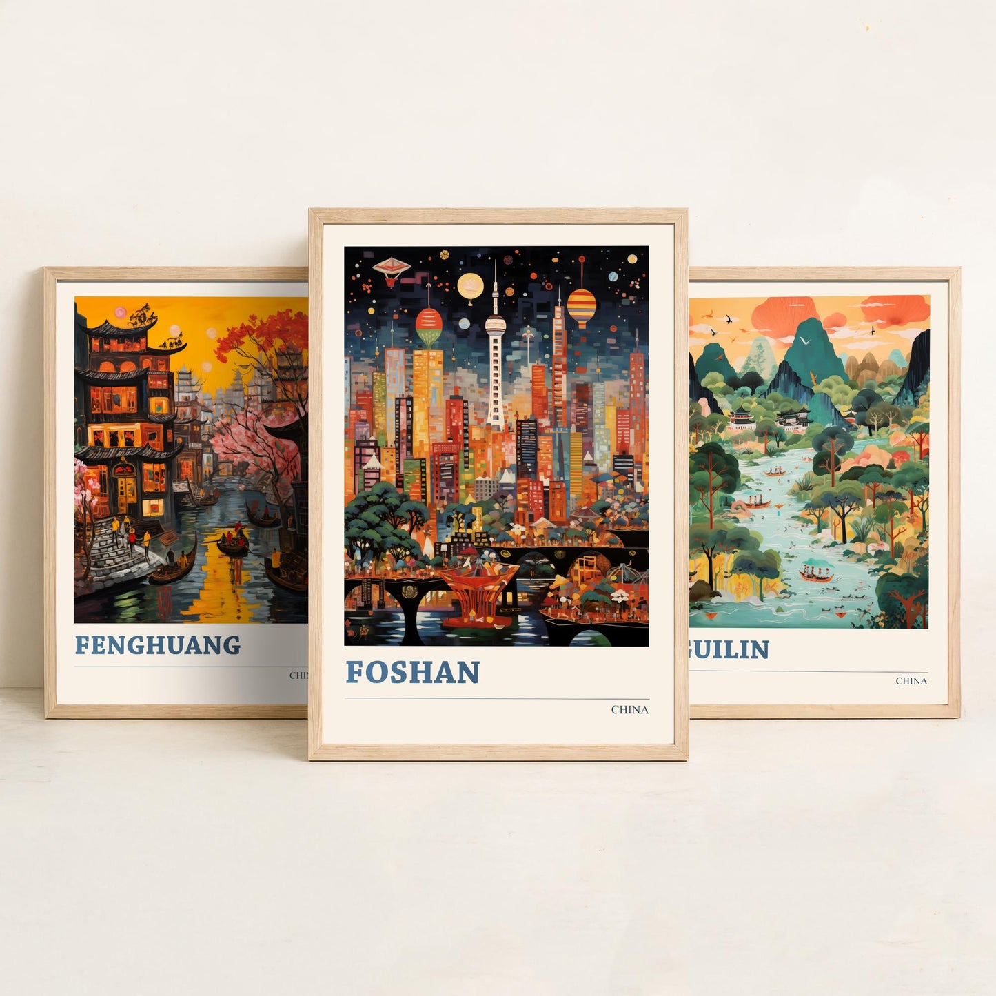 China Set of Three Prints | Fenghuang Guilin Foshan | Vibrant Folk Art Travel Landscape Painting Wall Poster
