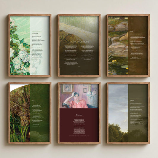 Set of Six Christina Rossetti Poem Art Prints - 6 Full Poems over Classic Paintings - Posters - Remember, A Birthday, Up-Hill, Echo, Song