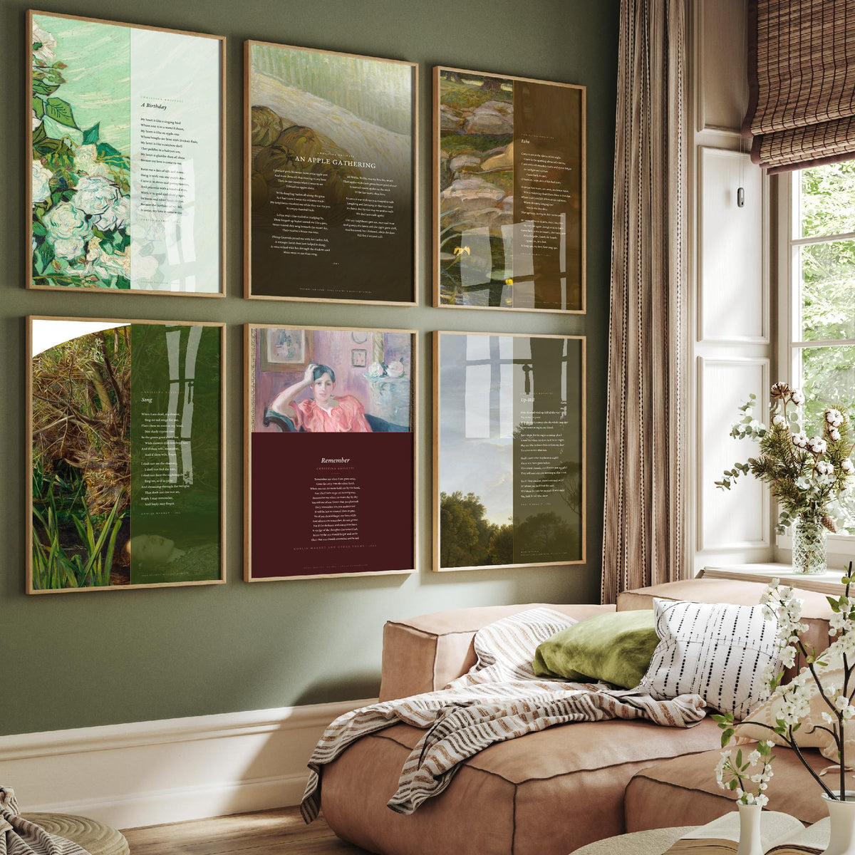 Set of Six Christina Rossetti Poem Art Prints - 6 Full Poems over Classic Paintings - Posters - Remember, A Birthday, Up-Hill, Echo, Song