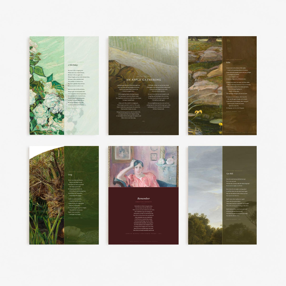 Set of Six Christina Rossetti Poem Art Prints - 6 Full Poems over Classic Paintings - Posters - Remember, A Birthday, Up-Hill, Echo, Song