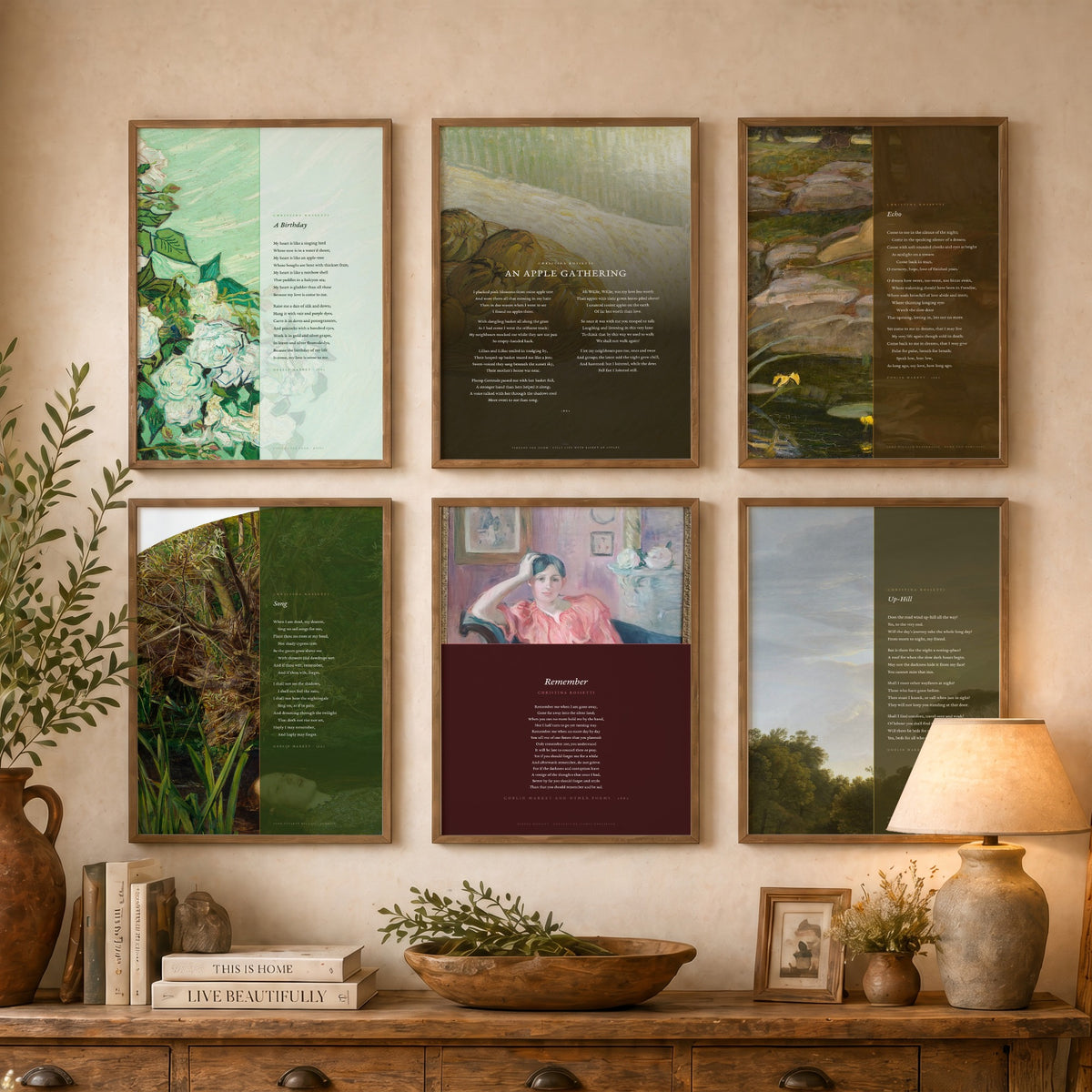 Set of Six Christina Rossetti Poem Art Prints - 6 Full Poems over Classic Paintings - Posters - Remember, A Birthday, Up-Hill, Echo, Song