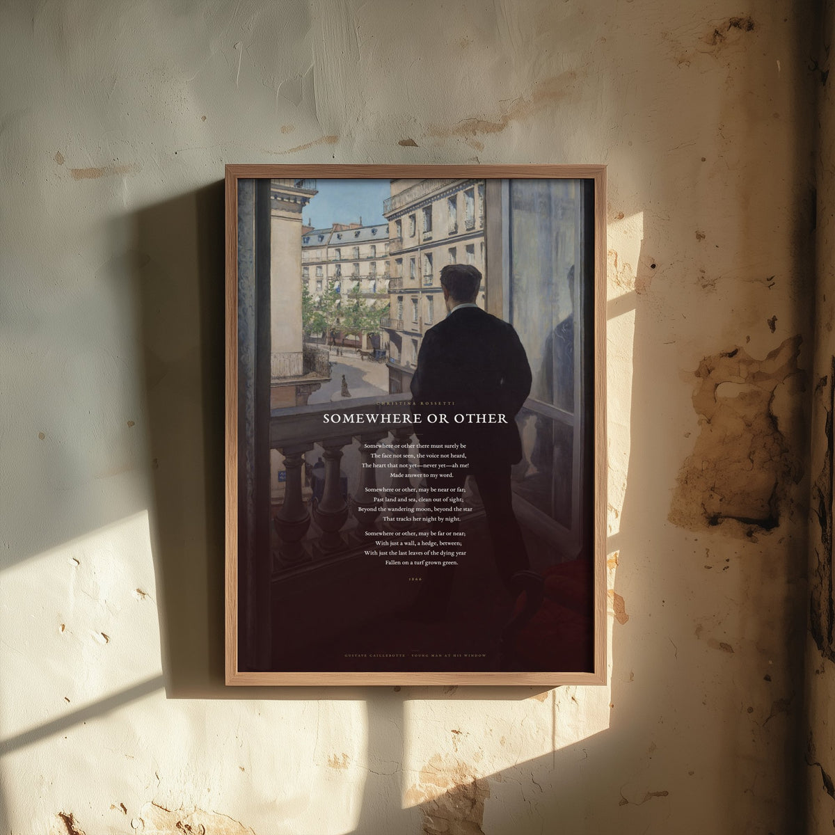 Somewhere or Other by Christina Rossetti Art Print - Full Poem over Caillebotte Young Man at His Window Painting - Poetry Poster