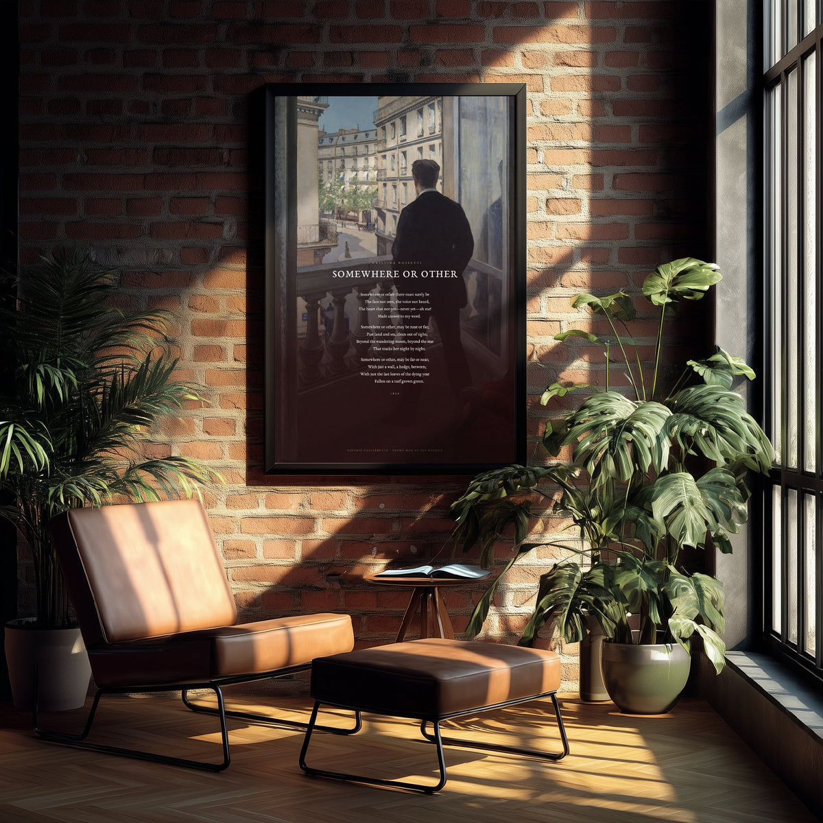 Somewhere or Other by Christina Rossetti Art Print - Full Poem over Caillebotte Young Man at His Window Painting - Poetry Poster