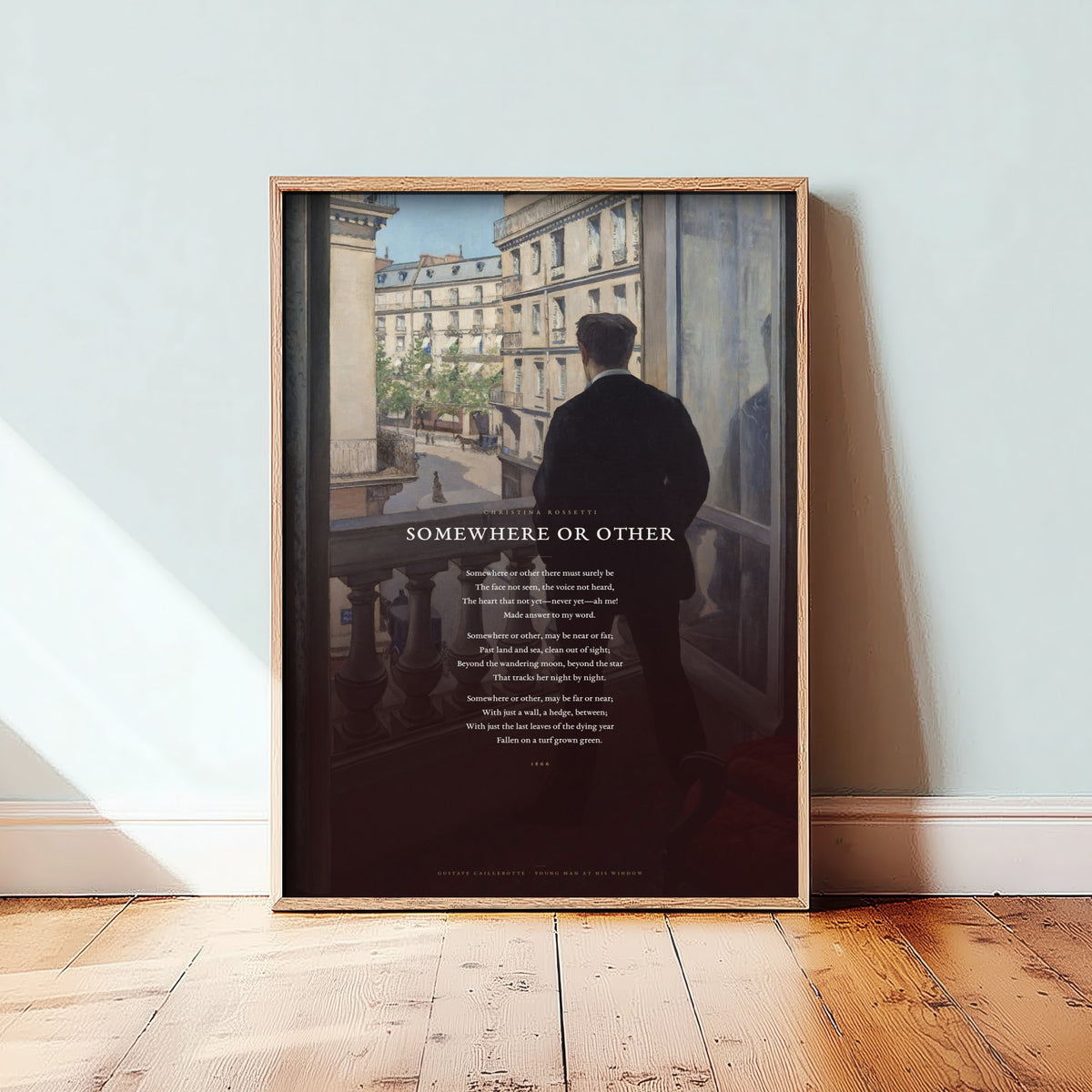 Somewhere or Other by Christina Rossetti Art Print - Full Poem over Caillebotte Young Man at His Window Painting - Poetry Poster