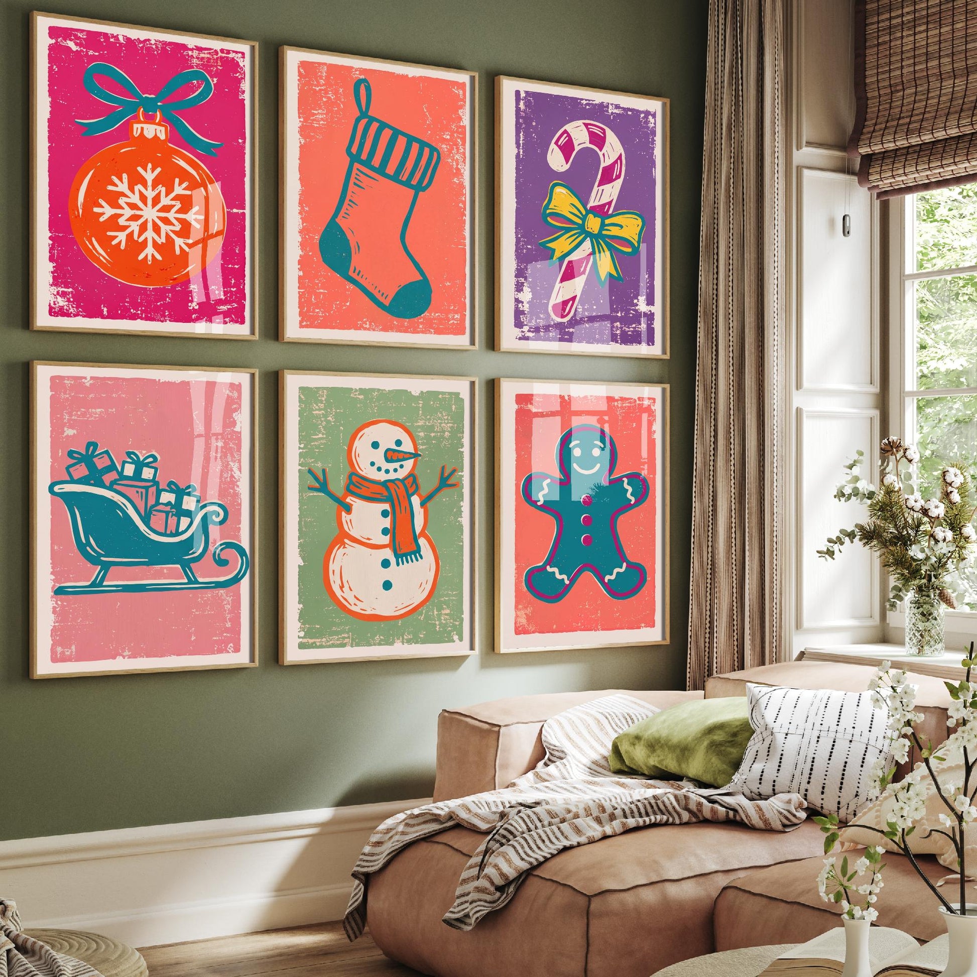Set of Six Christmas Art Prints - 6 Linocut Illustrations - Bauble, Stocking, Candy Cane, Sleigh, Snowman, Gingerbread Man - Holiday Posters