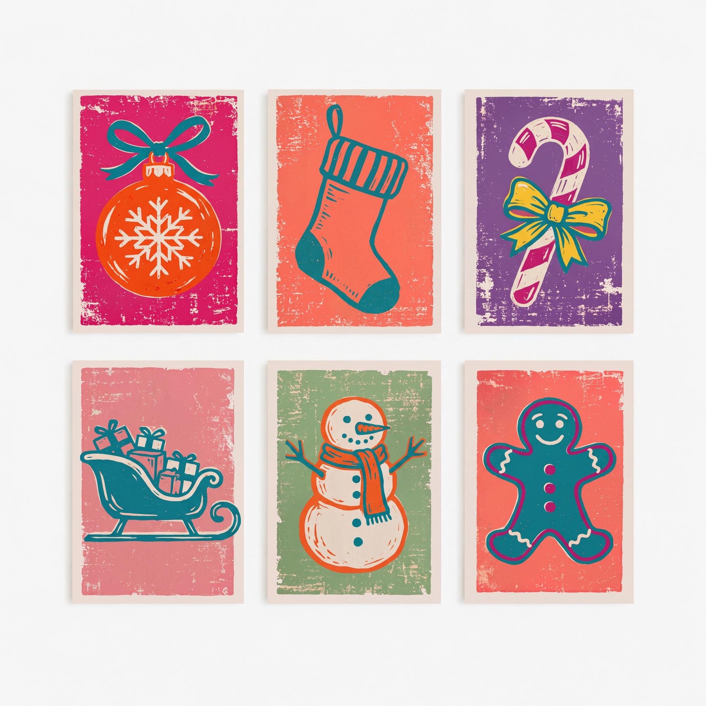 Set of Six Christmas Art Prints - 6 Linocut Illustrations - Bauble, Stocking, Candy Cane, Sleigh, Snowman, Gingerbread Man - Holiday Posters