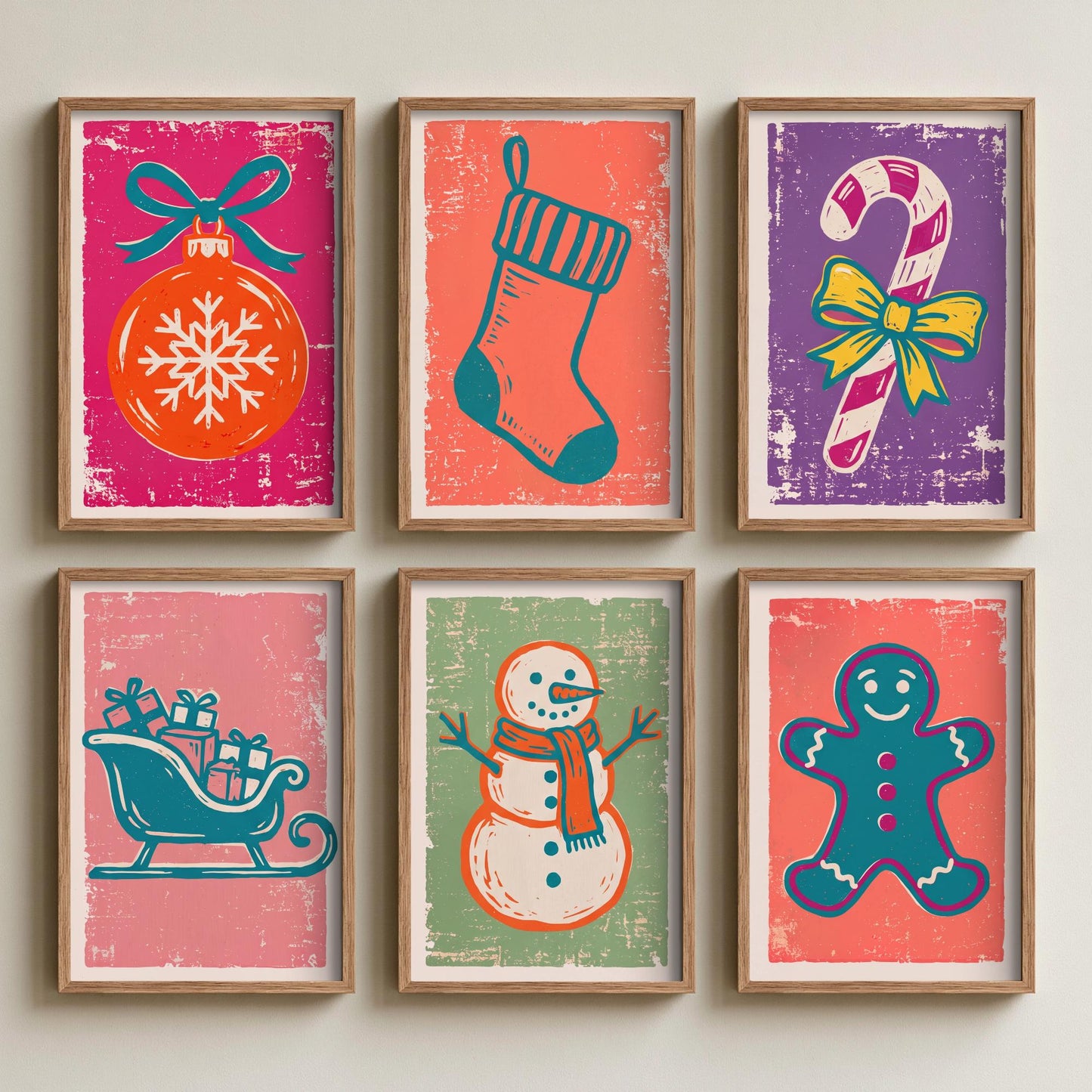 Set of Six Christmas Art Prints - 6 Linocut Illustrations - Bauble, Stocking, Candy Cane, Sleigh, Snowman, Gingerbread Man - Holiday Posters