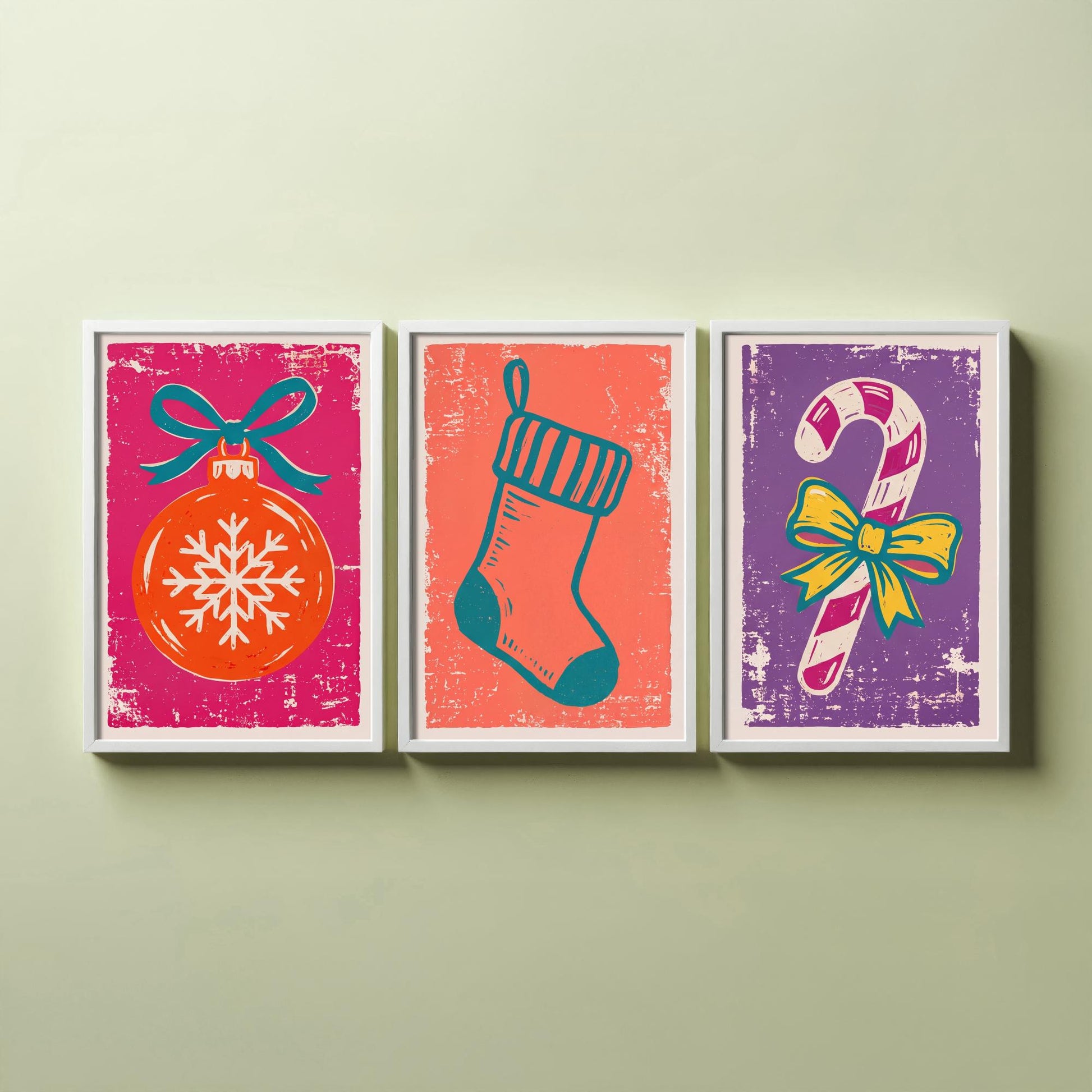Set of Three Christmas Art Prints - Bauble, Stocking & Candy Cane - Linocut Style Illustrations - Festive Holiday Posters V1
