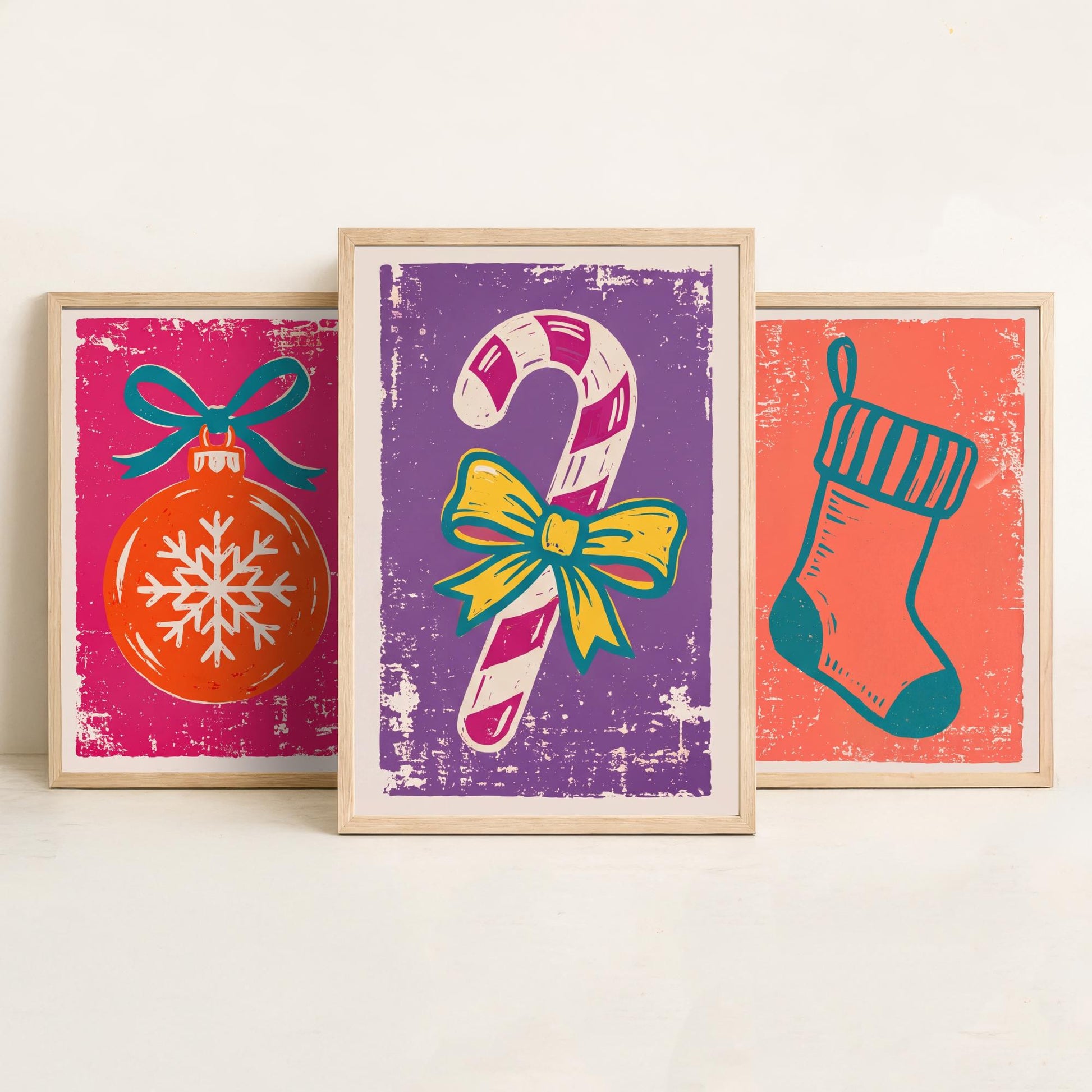 Set of Three Christmas Art Prints - Bauble, Stocking & Candy Cane - Linocut Style Illustrations - Festive Holiday Posters V1