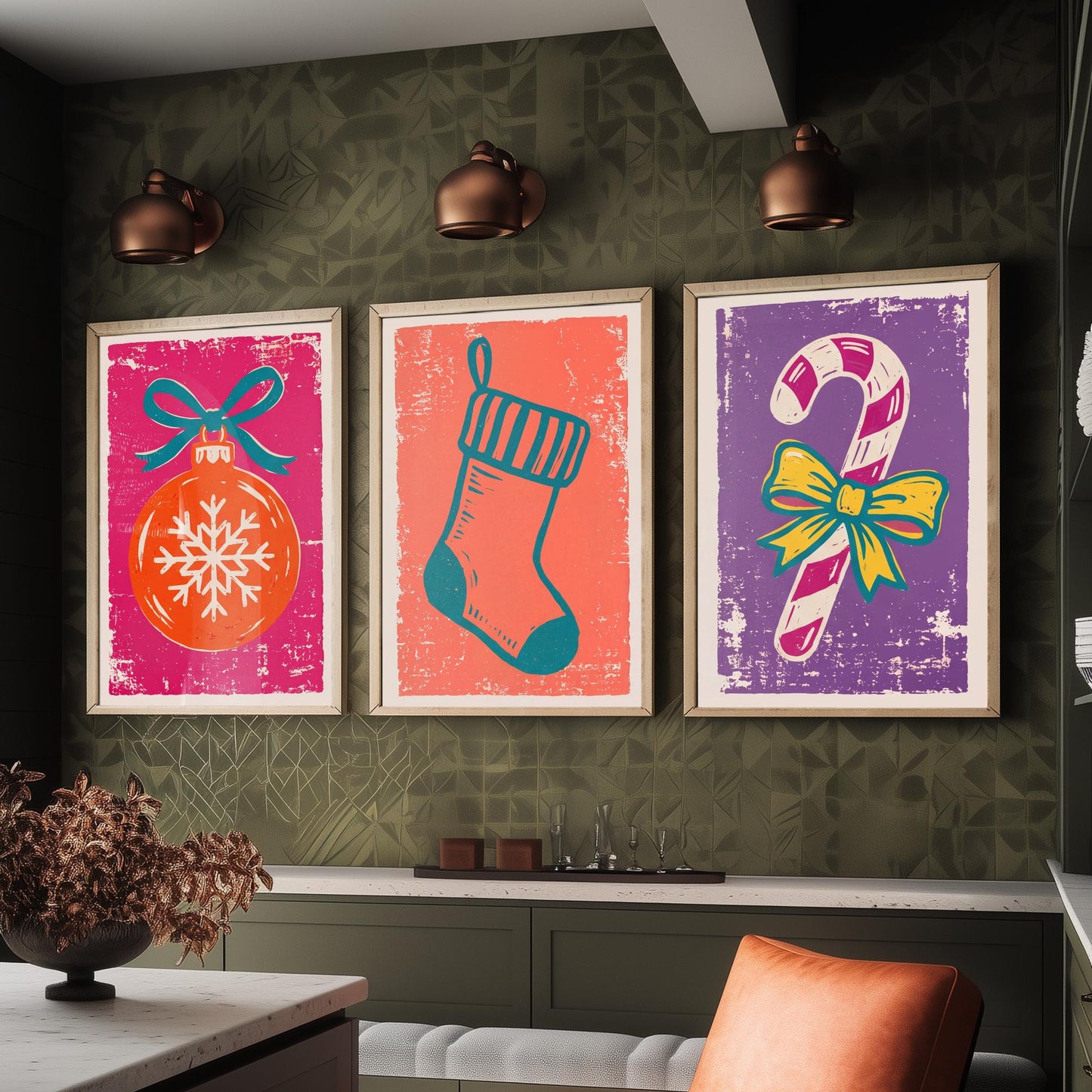 Set of Three Christmas Art Prints - Bauble, Stocking & Candy Cane - Linocut Style Illustrations - Festive Holiday Posters V1