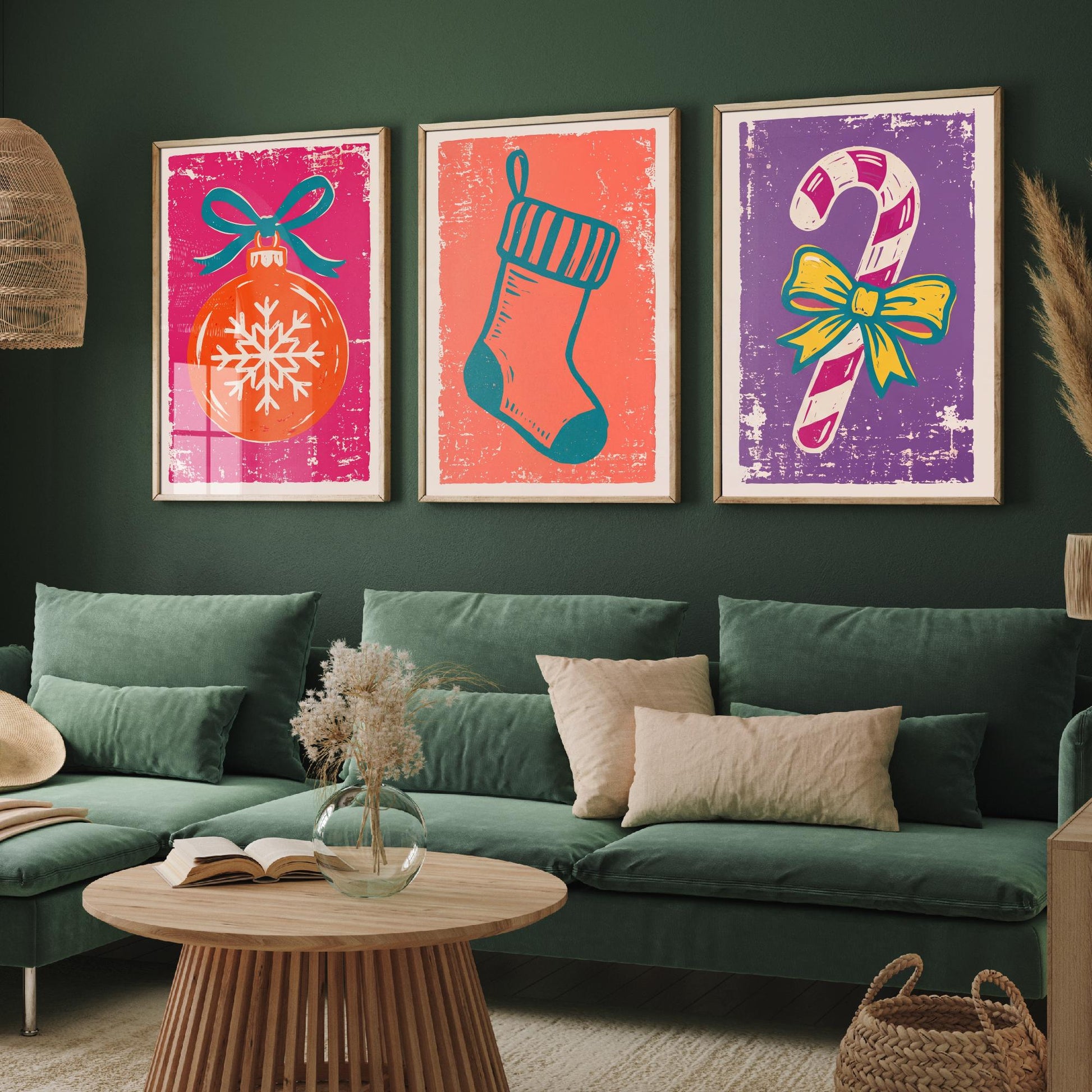 Set of Three Christmas Art Prints - Bauble, Stocking & Candy Cane - Linocut Style Illustrations - Festive Holiday Posters V1