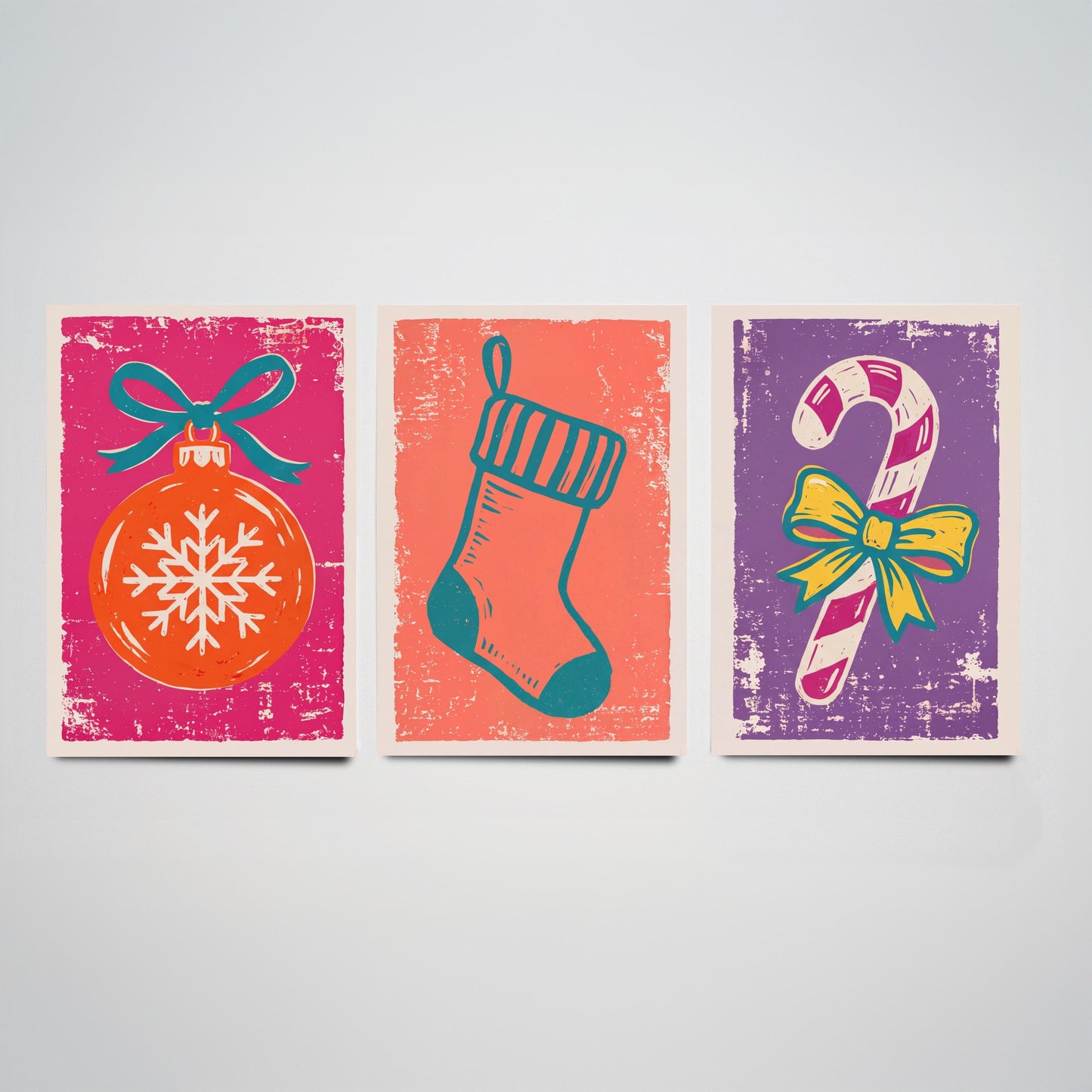 Set of Three Christmas Art Prints - Bauble, Stocking & Candy Cane - Linocut Style Illustrations - Festive Holiday Posters V1