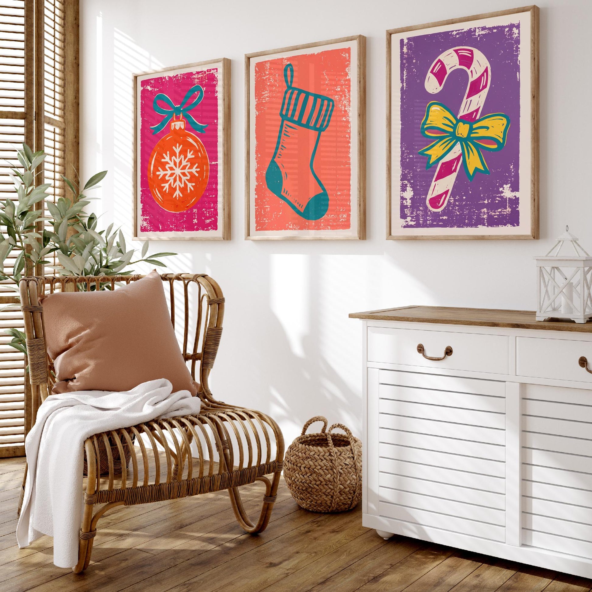 Set of Three Christmas Art Prints - Bauble, Stocking & Candy Cane - Linocut Style Illustrations - Festive Holiday Posters V1