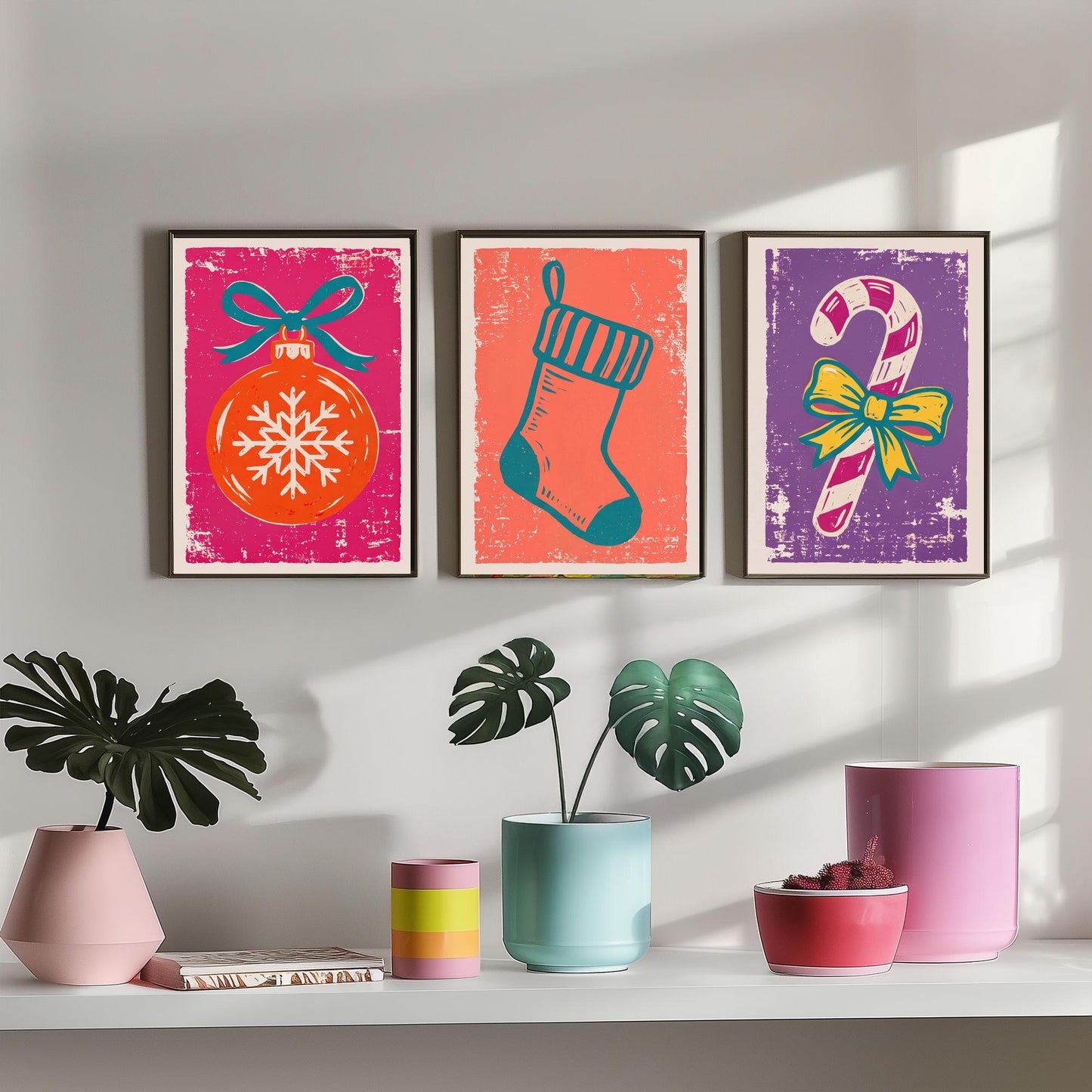 Set of Three Christmas Art Prints - Bauble, Stocking & Candy Cane - Linocut Style Illustrations - Festive Holiday Posters V1