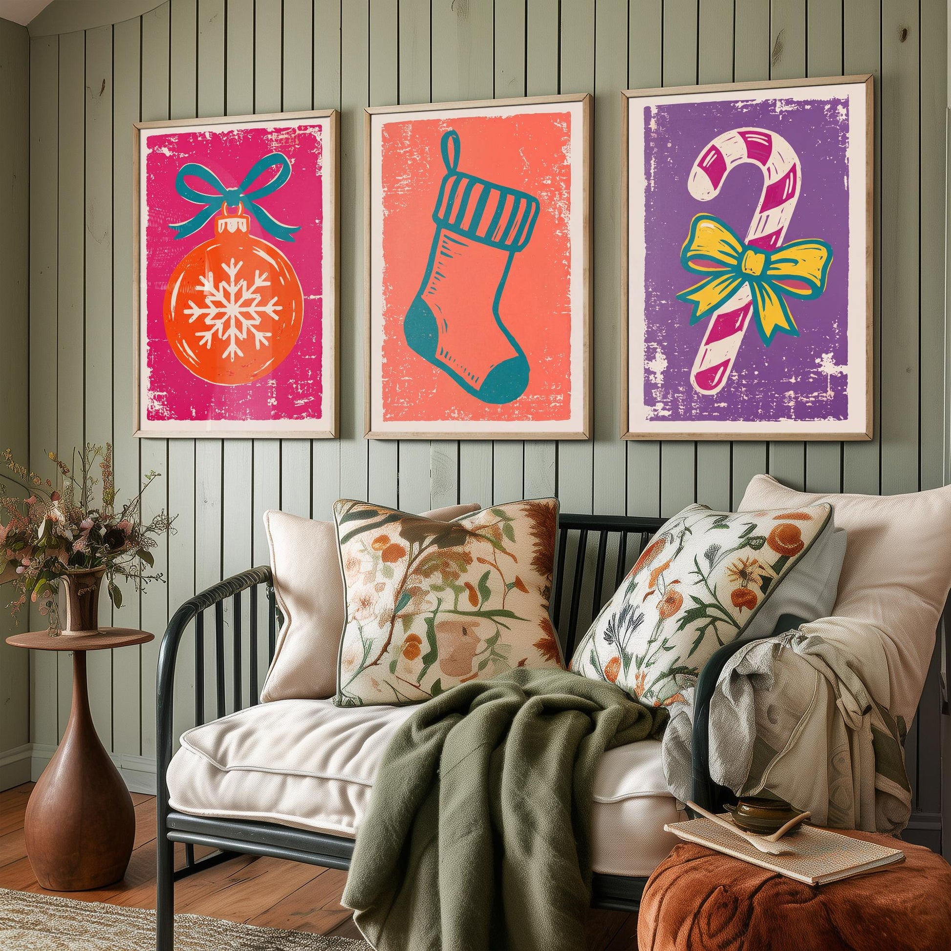 Set of Three Christmas Art Prints - Bauble, Stocking & Candy Cane - Linocut Style Illustrations - Festive Holiday Posters V1