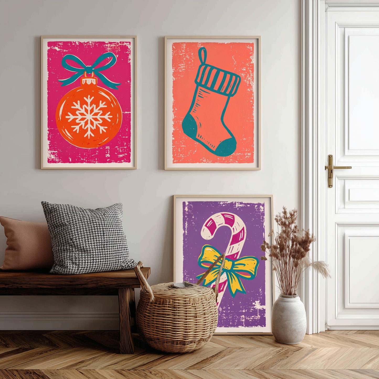 Set of Three Christmas Art Prints - Bauble, Stocking & Candy Cane - Linocut Style Illustrations - Festive Holiday Posters V1