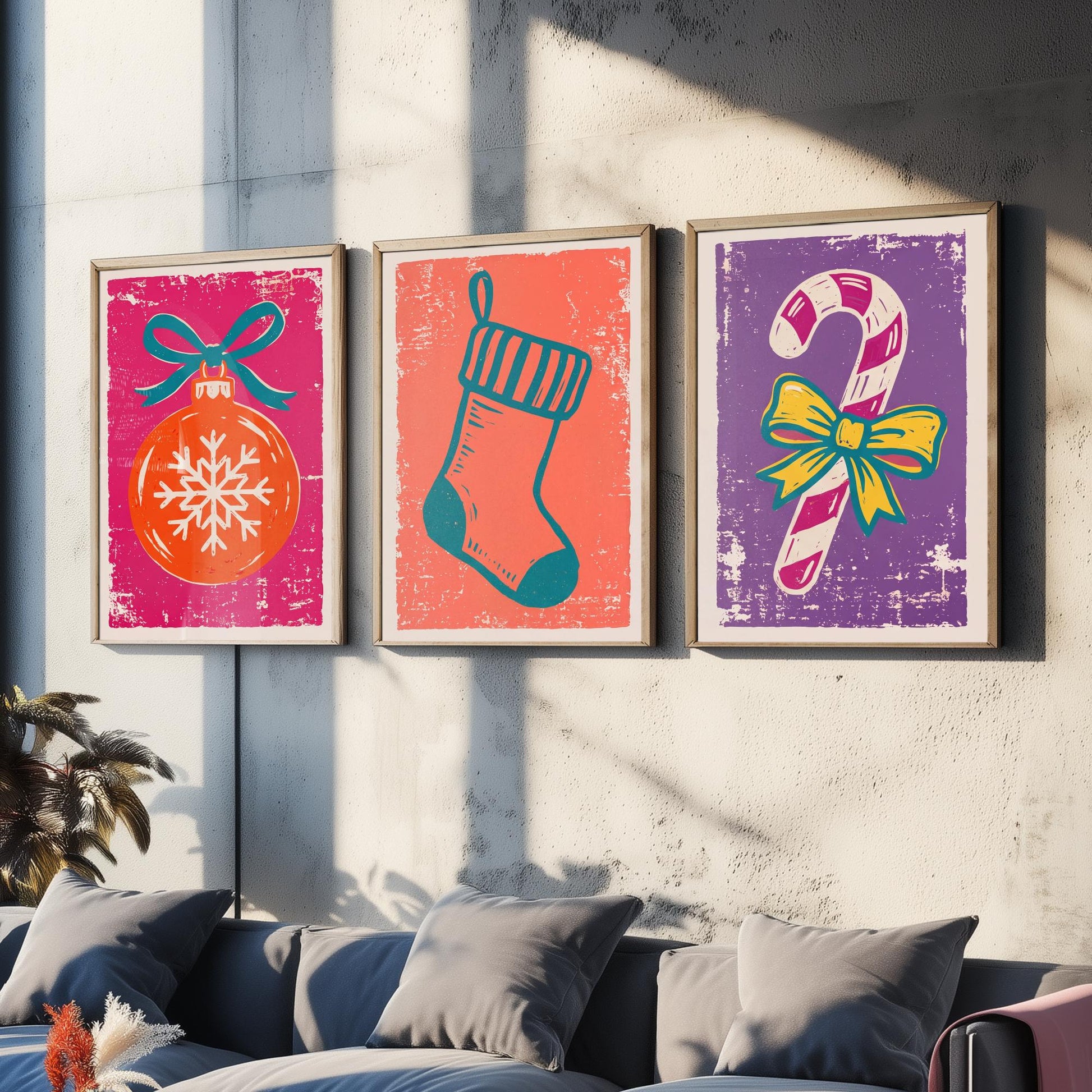 Set of Three Christmas Art Prints - Bauble, Stocking & Candy Cane - Linocut Style Illustrations - Festive Holiday Posters V1