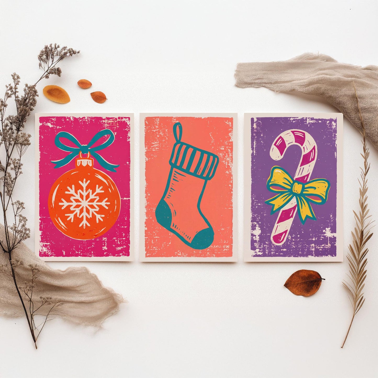 Set of Three Christmas Art Prints - Bauble, Stocking & Candy Cane - Linocut Style Illustrations - Festive Holiday Posters V1