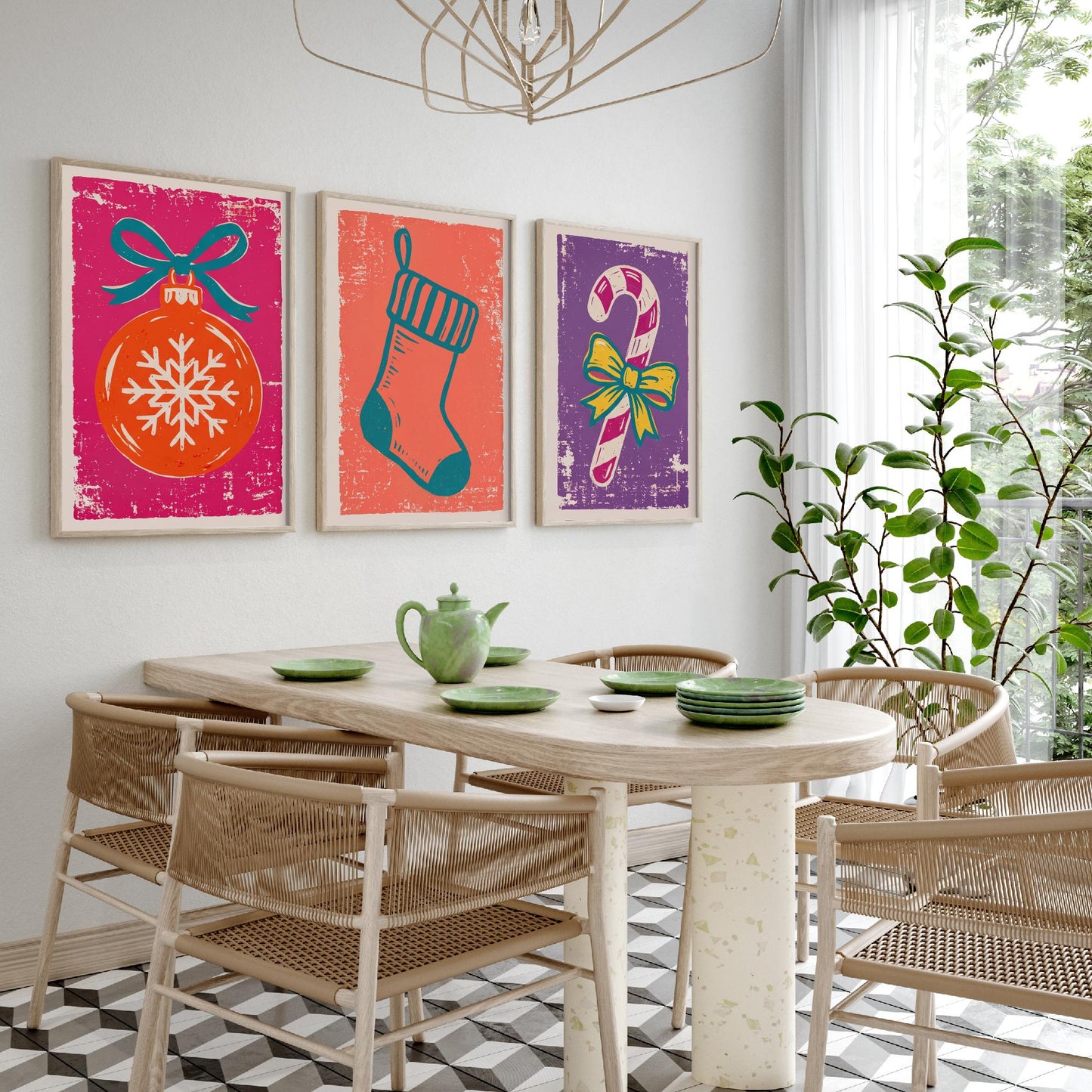 Set of Three Christmas Art Prints - Bauble, Stocking & Candy Cane - Linocut Style Illustrations - Festive Holiday Posters V1