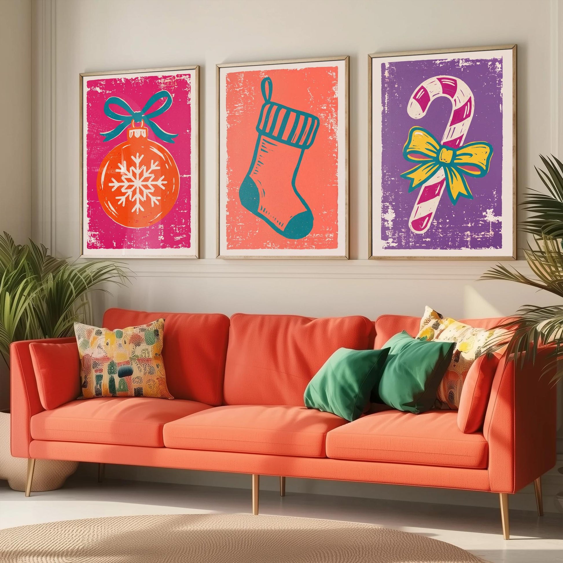 Set of Three Christmas Art Prints - Bauble, Stocking & Candy Cane - Linocut Style Illustrations - Festive Holiday Posters V1